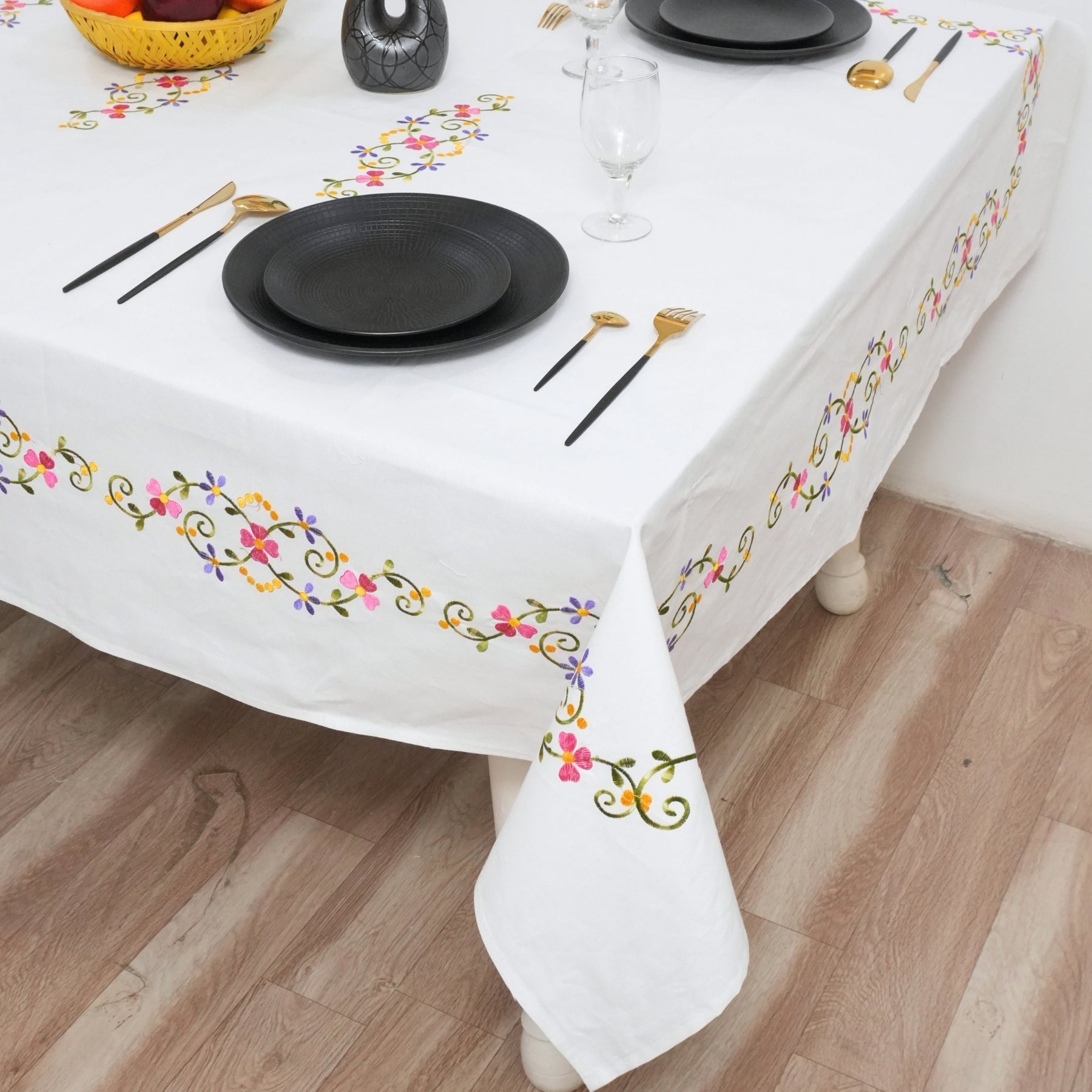 Pink and Green Floral Embroidered Thick Cotton Table Cover