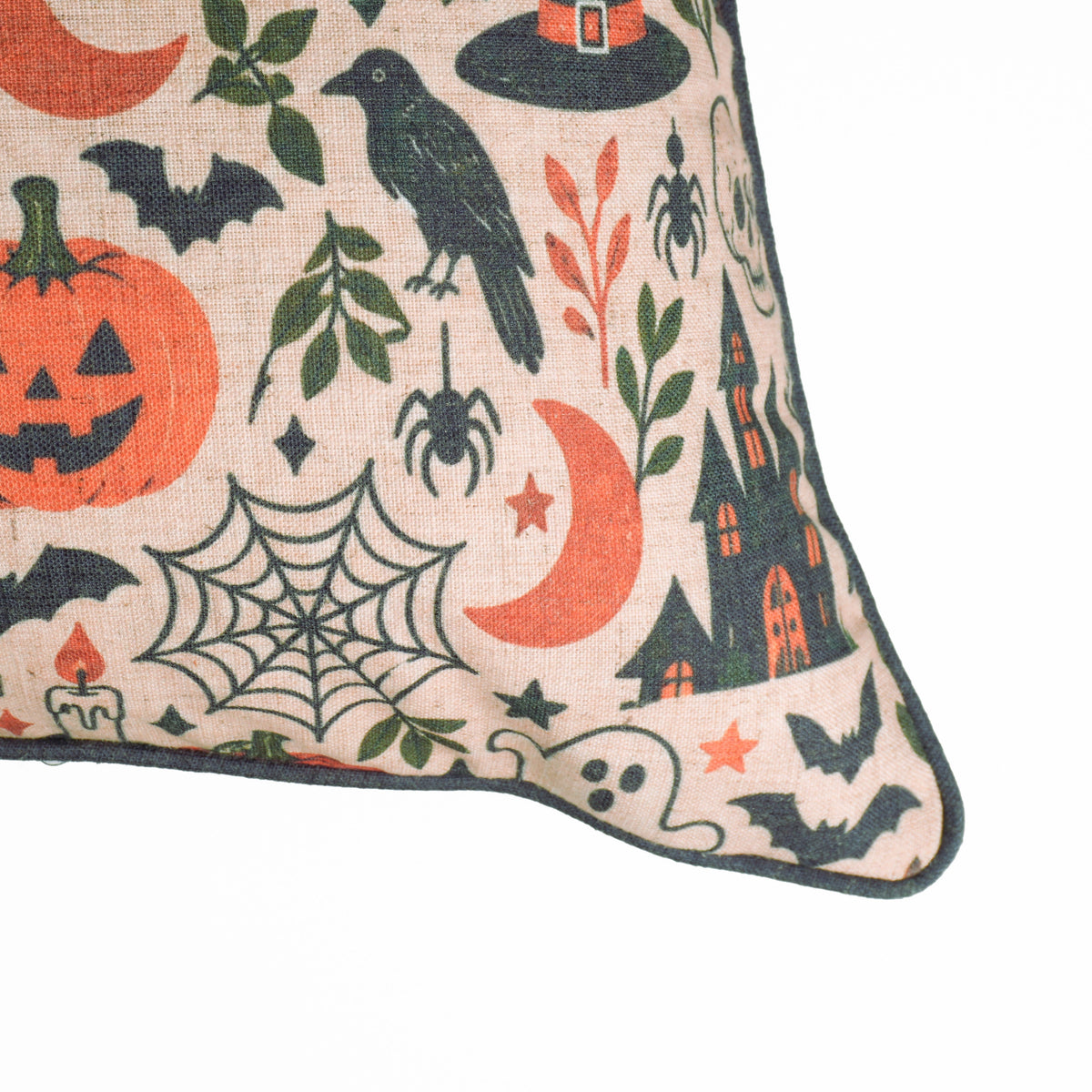 Halloween Printed Beige Linen Piping Pillow Cover - BooMix