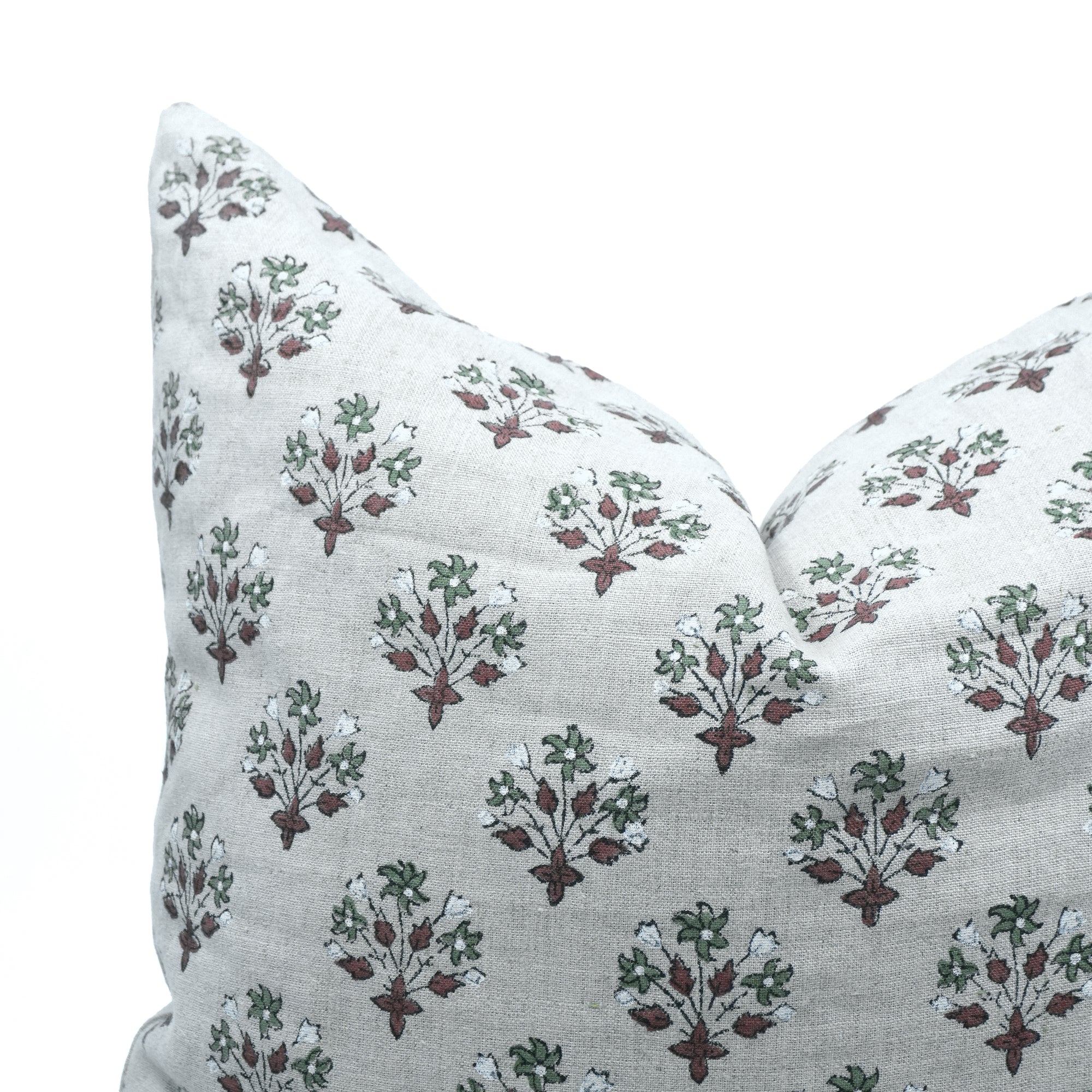 Hand Block Print Linen Cushion Cover Green &amp; Brown Diwali Flower