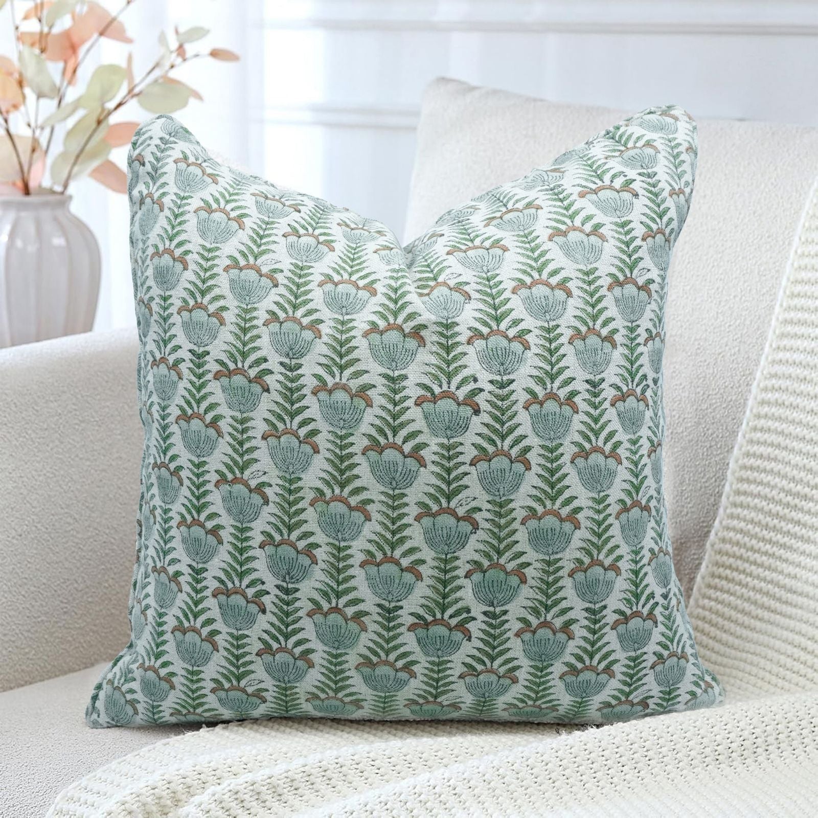 Gray Lotus Hand Block Print Thick Linen Piping Cushion Cover