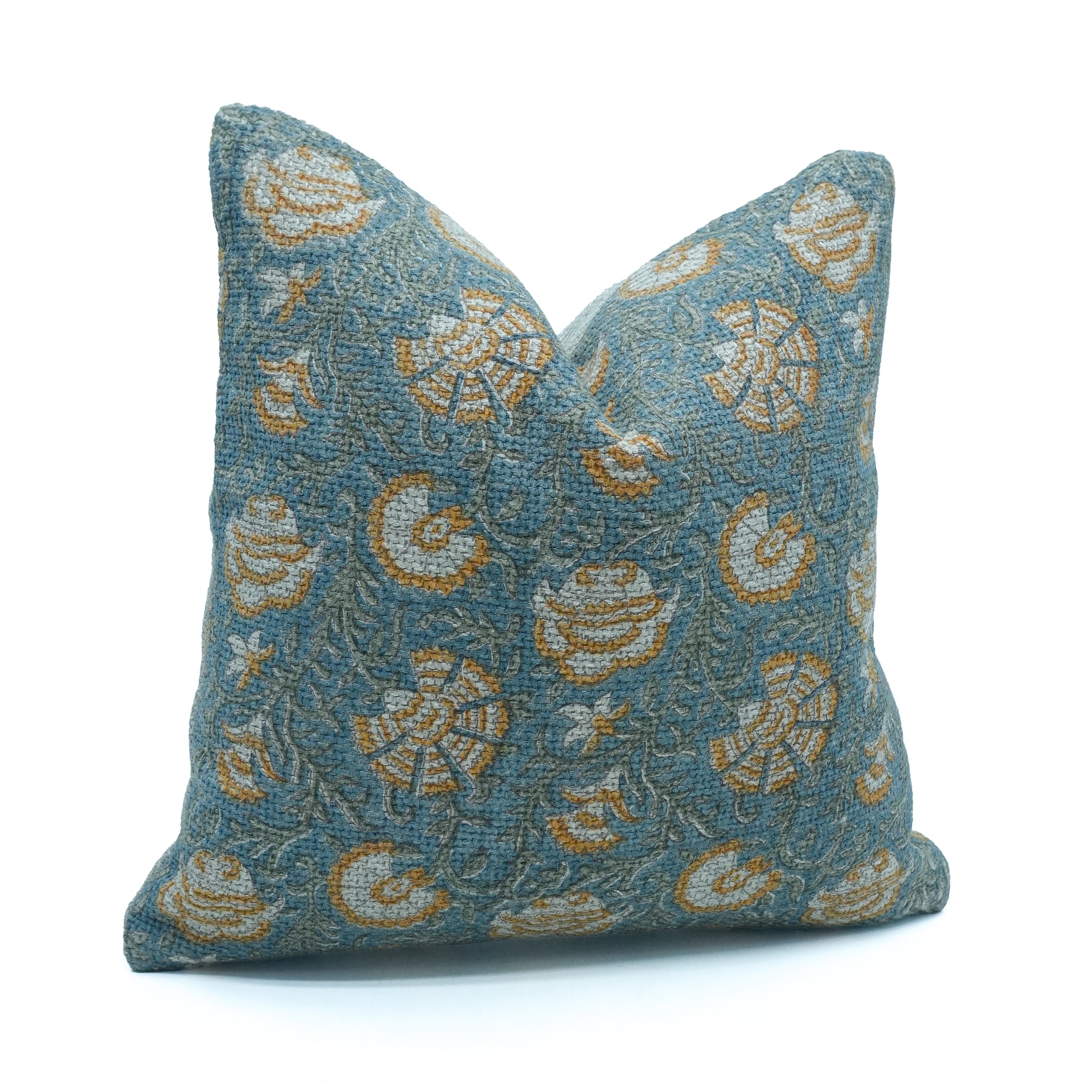 Vasundhra Hand Block Print Jute Linen Cushion Cover Blue Floral