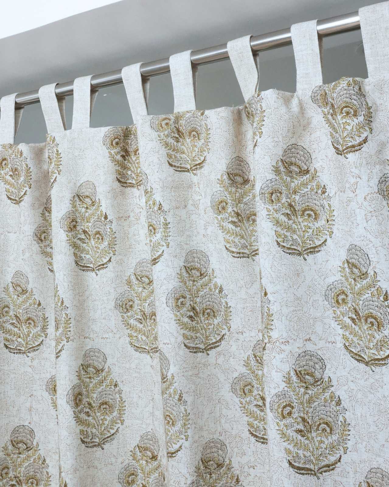 Wooden Block Gray Floral Linen Bedroom Drapery - Mohini
