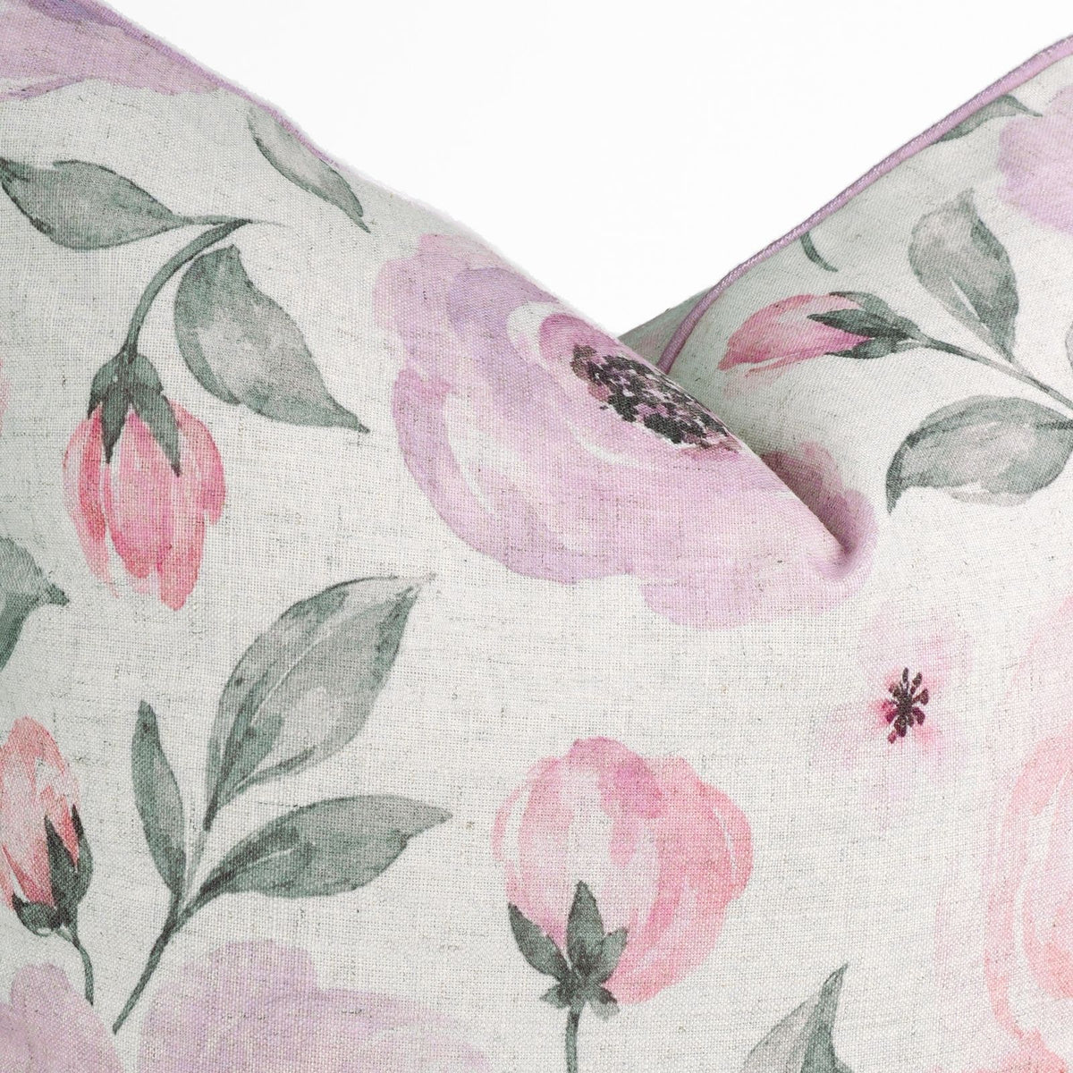 Rose Floral Printed Cream Viscose Linen Piping Cushion Cover 