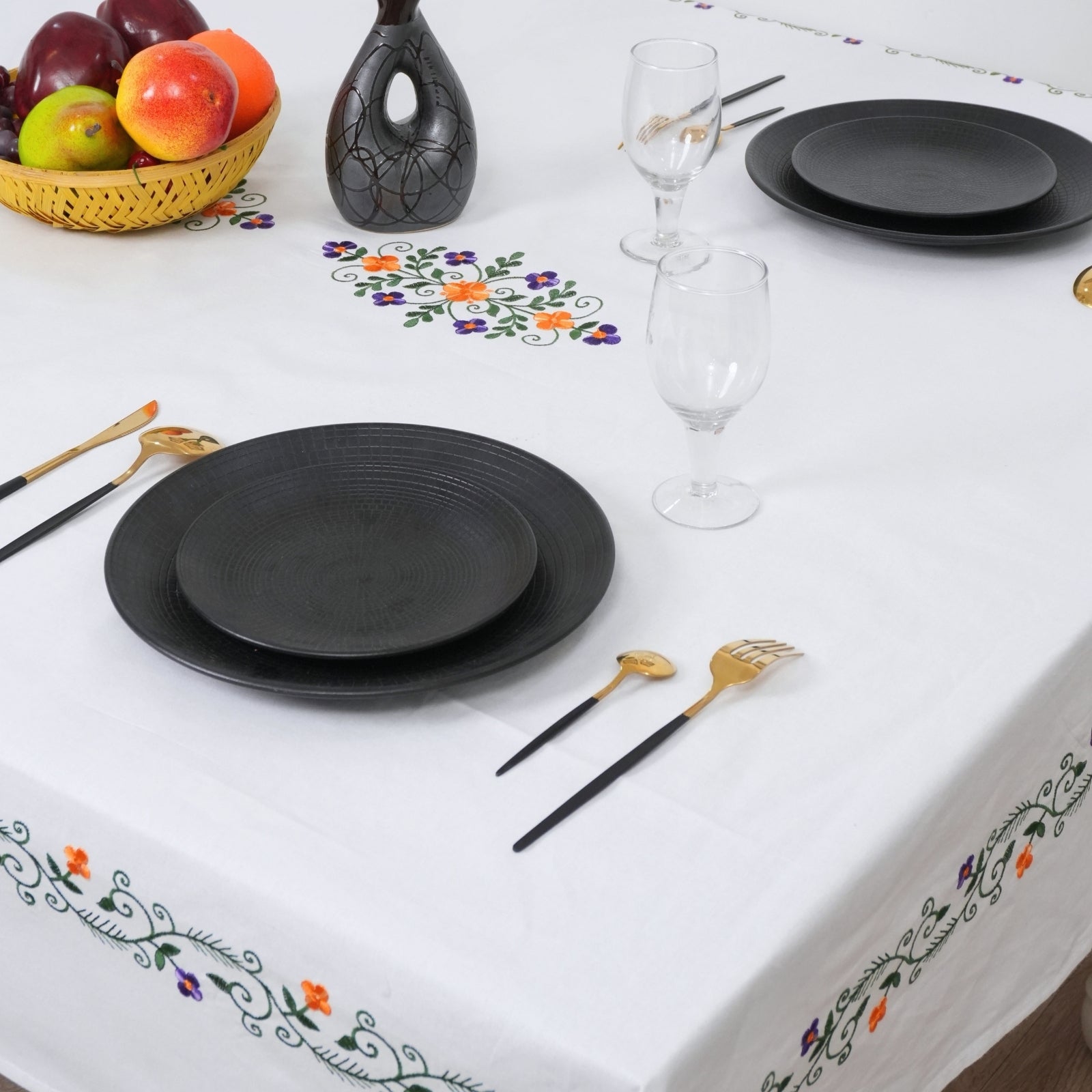 Hand Embroidered Orange and Blue Floral Cotton Tablecloth