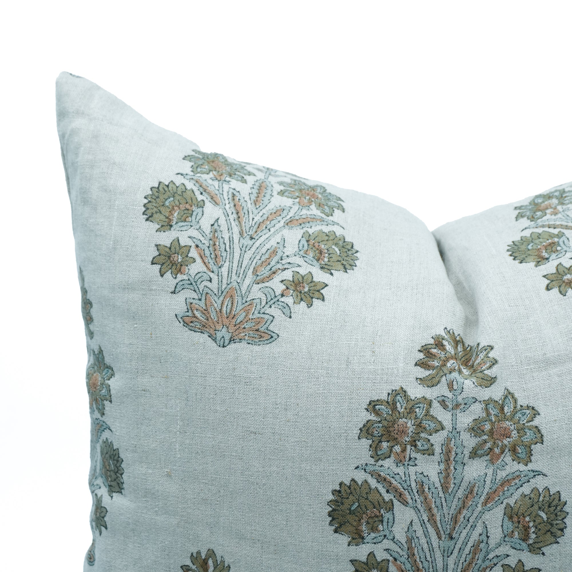 Morpankh Block Print Pure Linen Cushion Cover Green Floral 