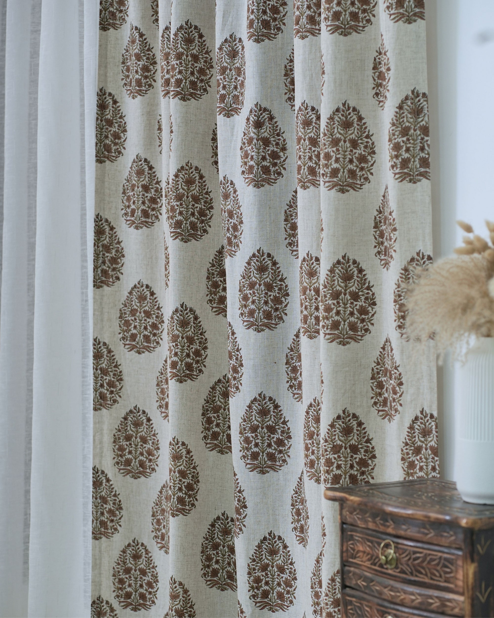 Block Printed Botanical Leaf Boho Curtain Panel - Kamal Dutta