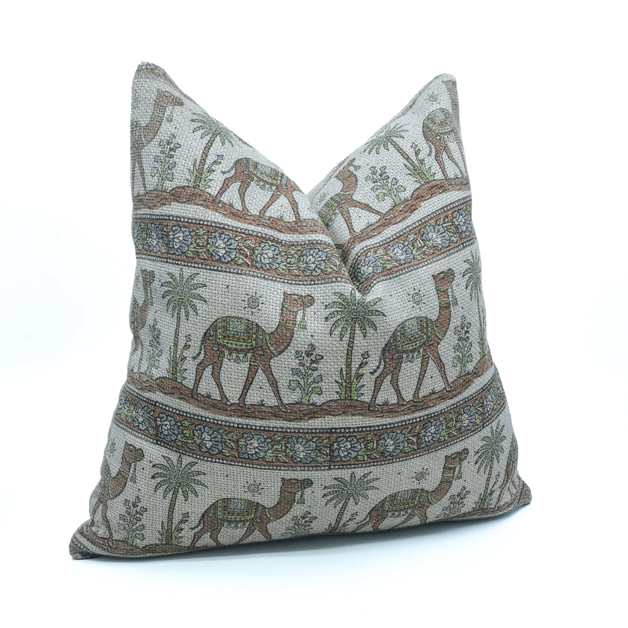 Camel Brown Block Print Jute Linen Pillow Cover 