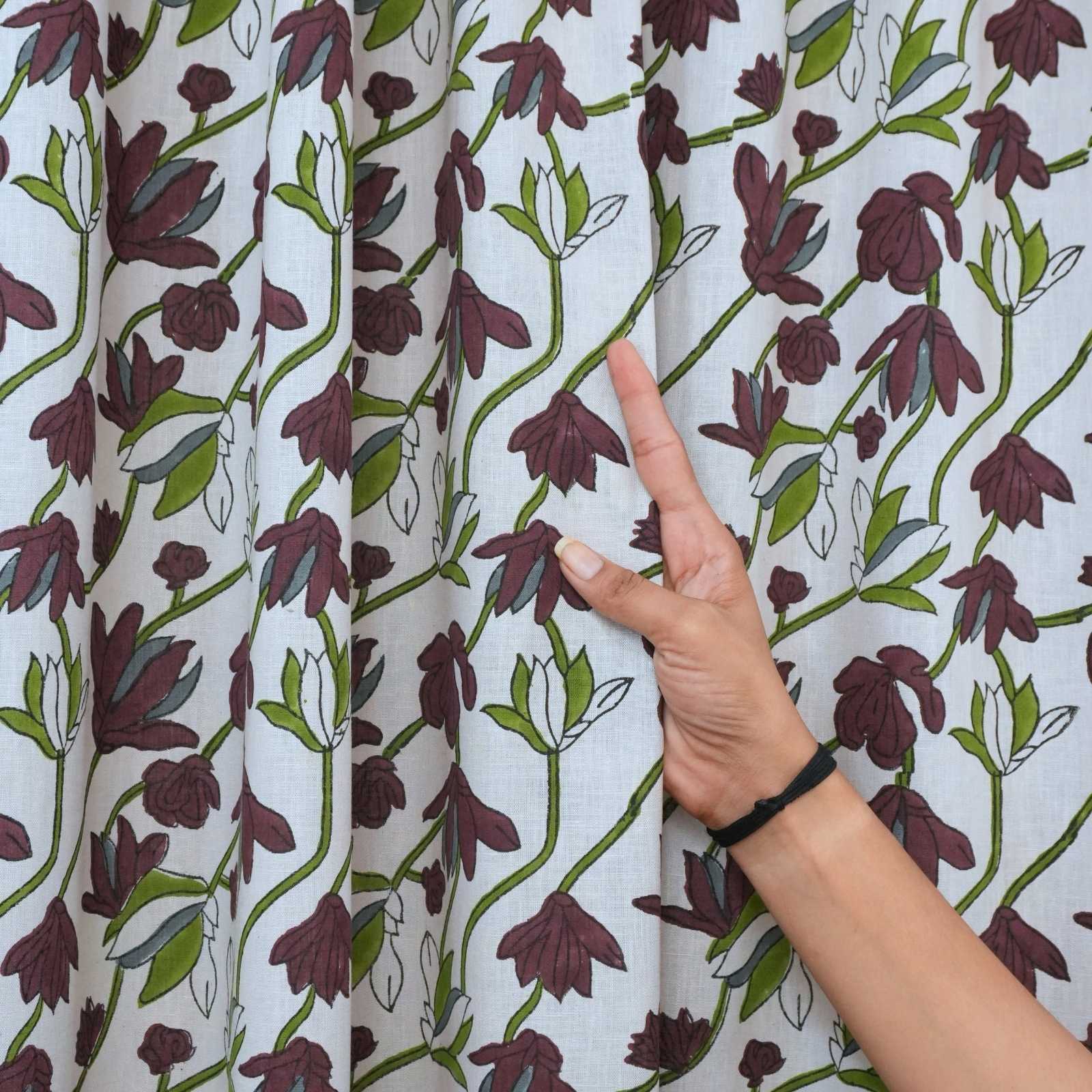 Shivri Dark Brown Floral Block Print Viscose Linen Tab Top Curtains