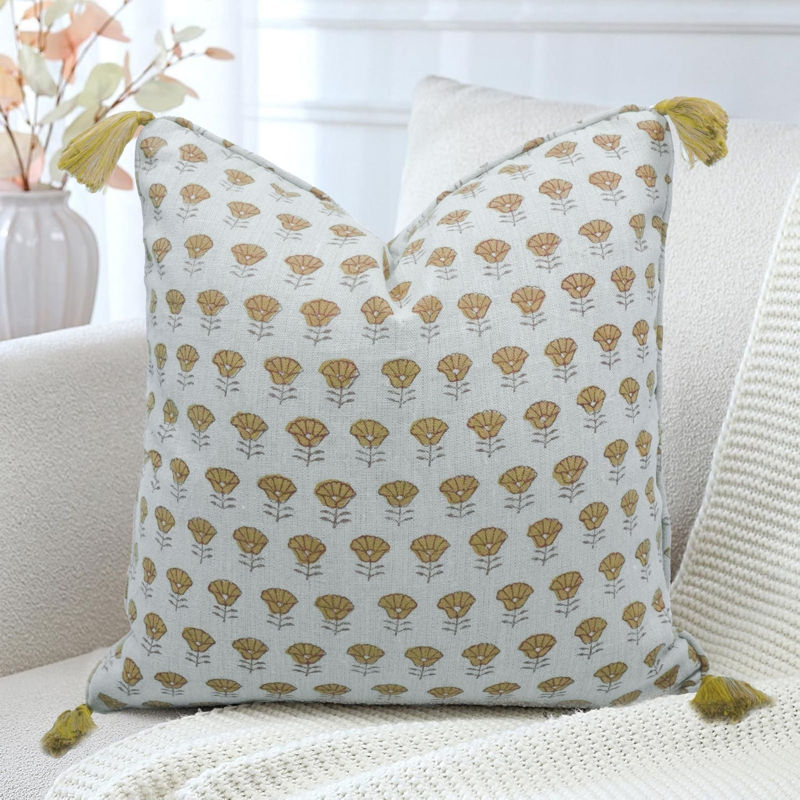 Indian Artisan Block Print Tassel Linen Pillow Cover - Kohinoor