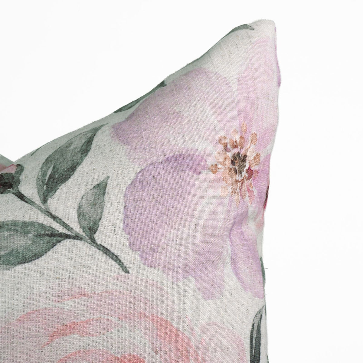 Pink Rose Floral Printed Natural Cream Linen Pillow Cover