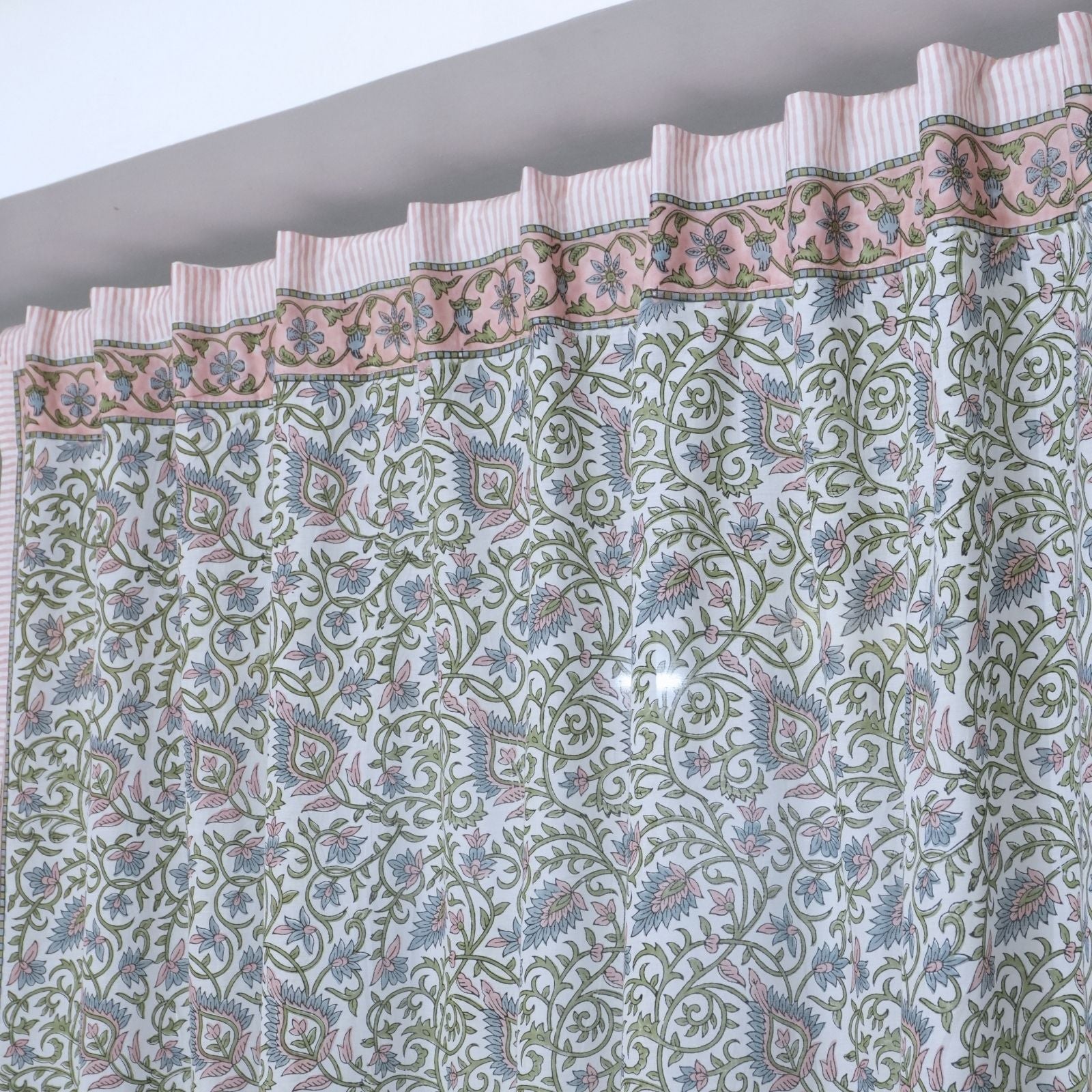 Wooden Block Print Pink Floral Cotton Curtain - Hawamahal