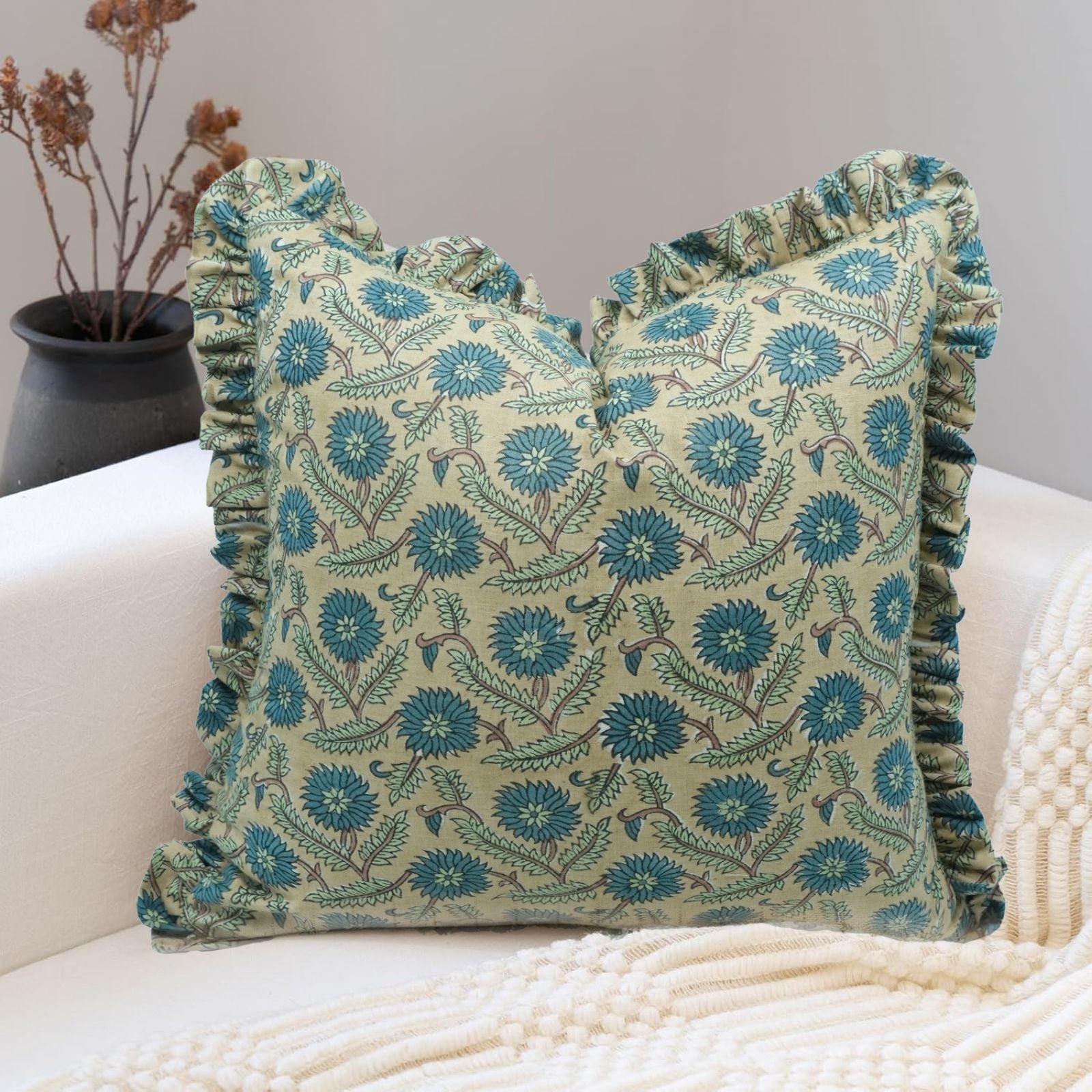Block Print Frill Linen Blend Indoor Sofa Pillow Cover - Swarna