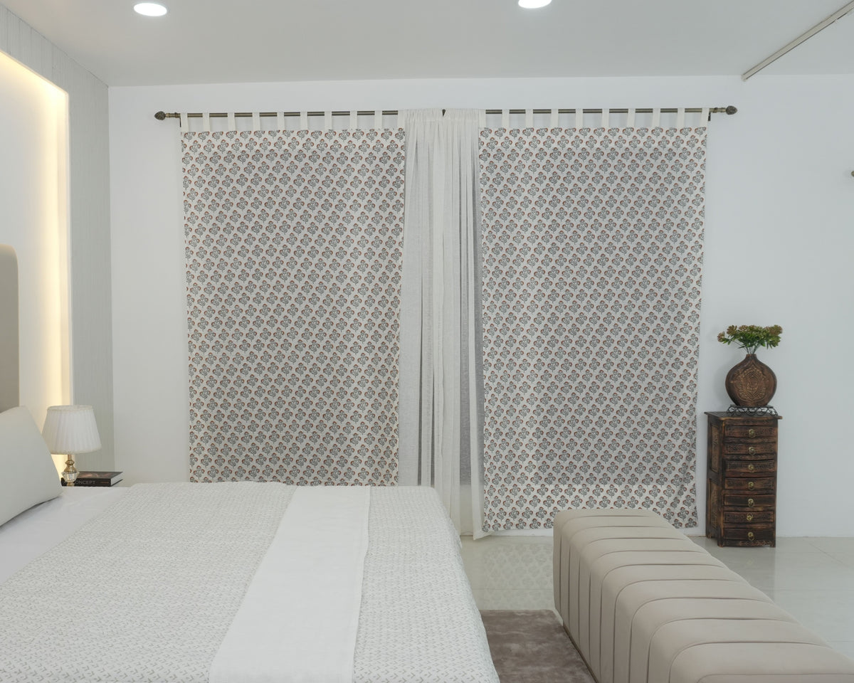 Block Print Rust Floral Viscose Linen Curtain - Bael Patra