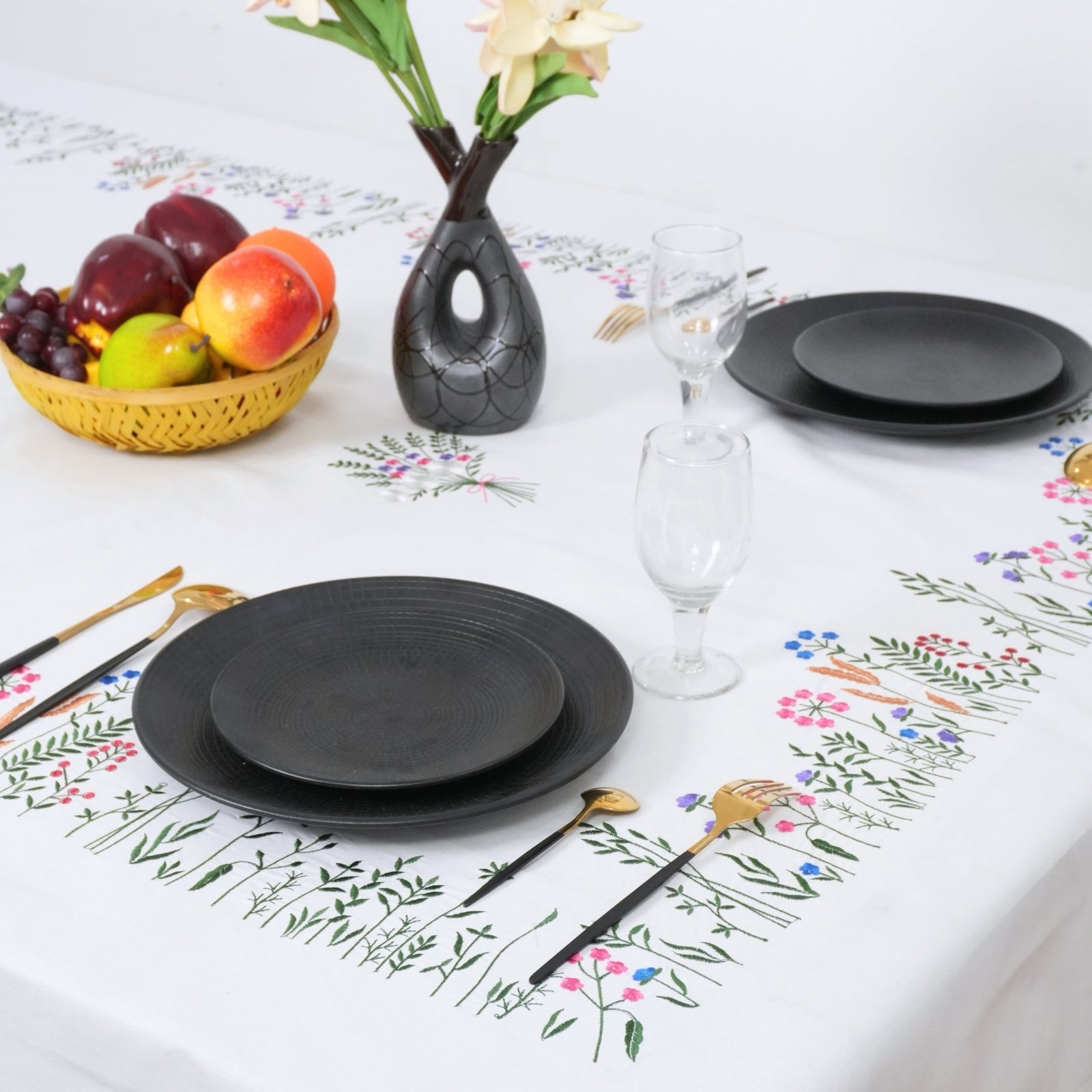 Red Green Floral Boho Embroidered Cotton Table Cover | Farmhouse