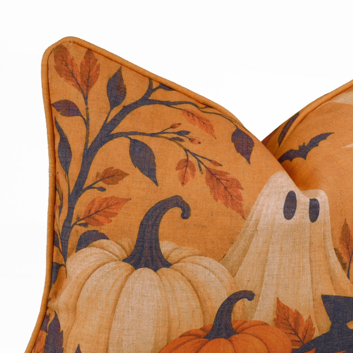 Haunted Cat Printed Orange Linen Piping Lumbar Pillow Cover