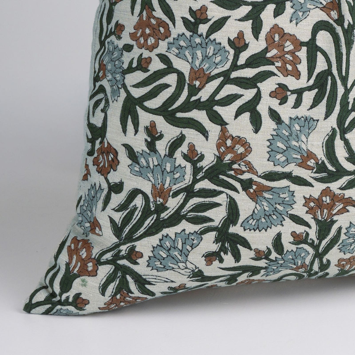 Block Print Thorny Stems Dusty Blue Linen Blend Cushion Cover