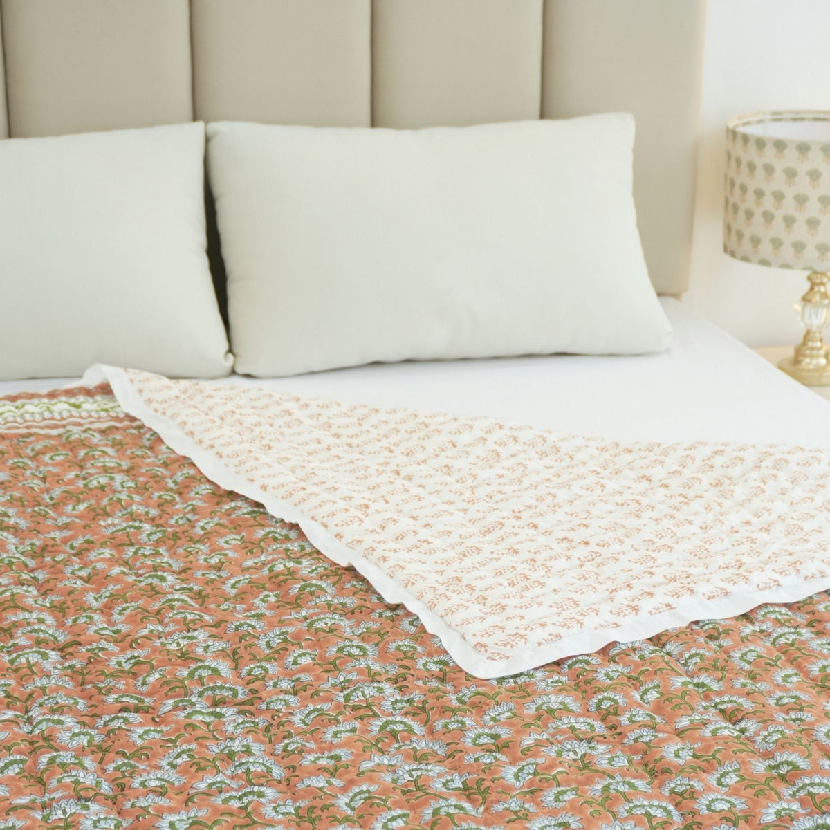 Block Print Floral Border Decorative Cotton Quilt - Rajanigandha