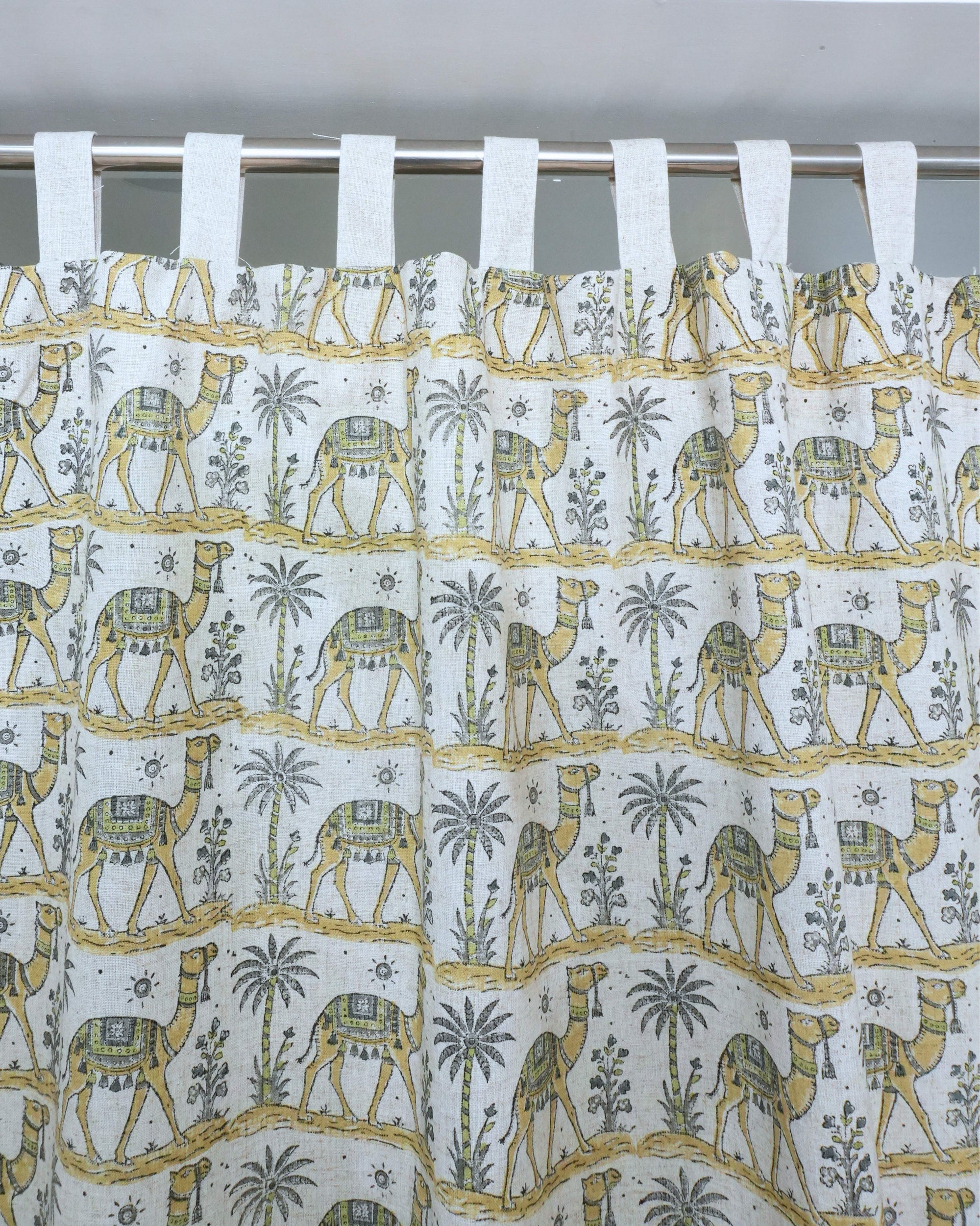 Camel Hand Block Print Tab Top Curtains — Gray &amp; Yellow Viscose Linen