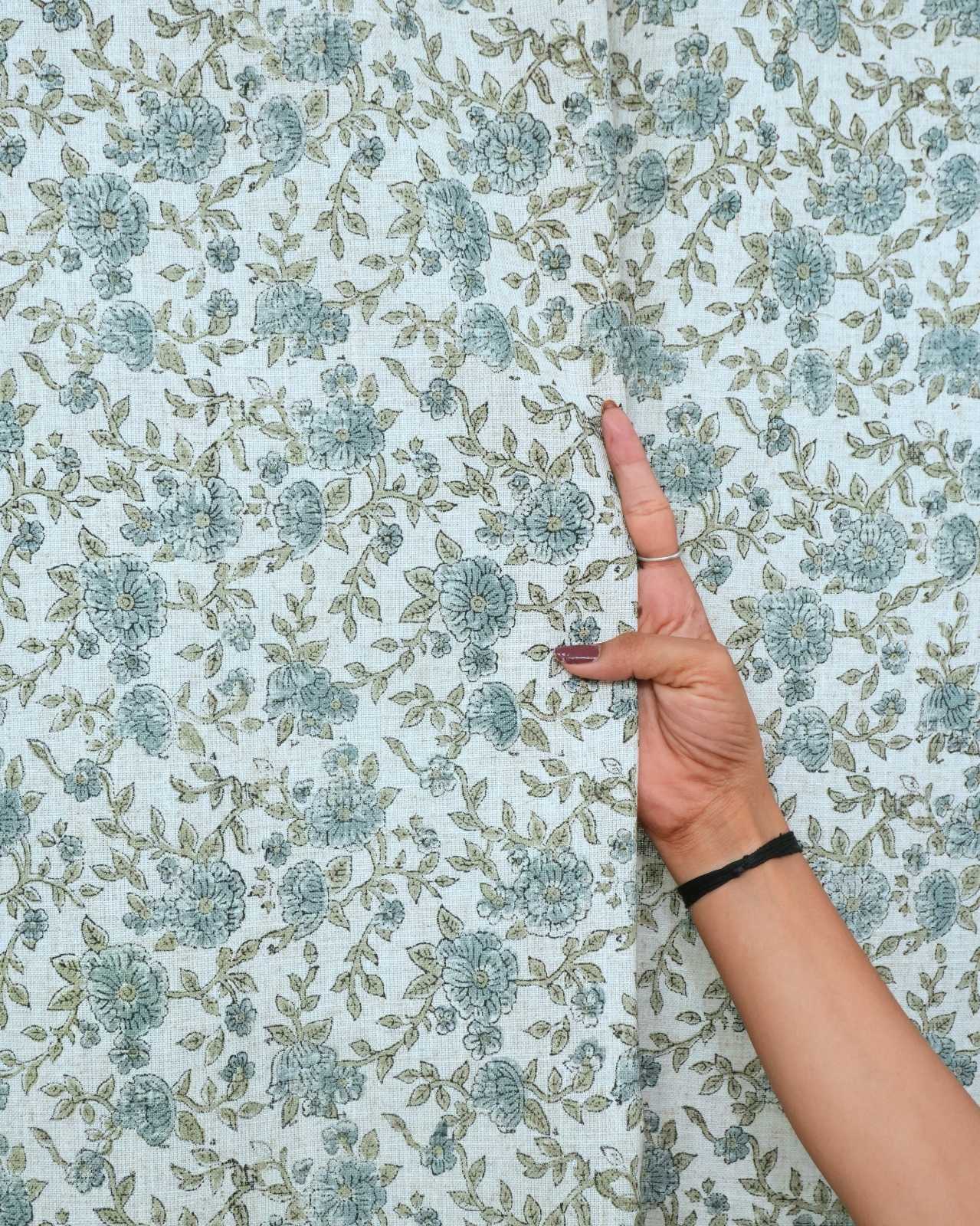 Block Print Gray Floral Heavy Viscose Linen Drapes Curtains - Suman