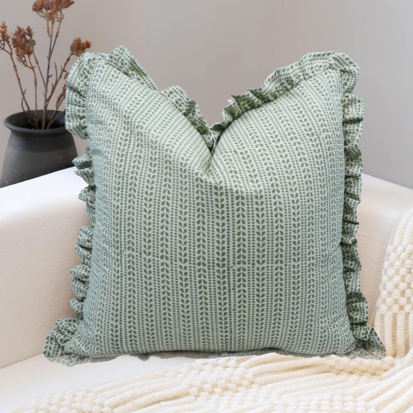 Ratanbel Linen Blend Block Print Frill Sofa Cushion Cover