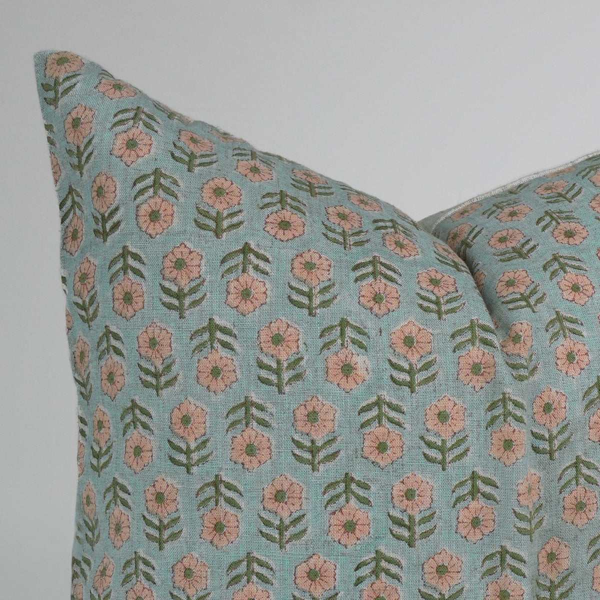 Tulsi Buti Block Print Sage Green Floral Linen Cushion Cover