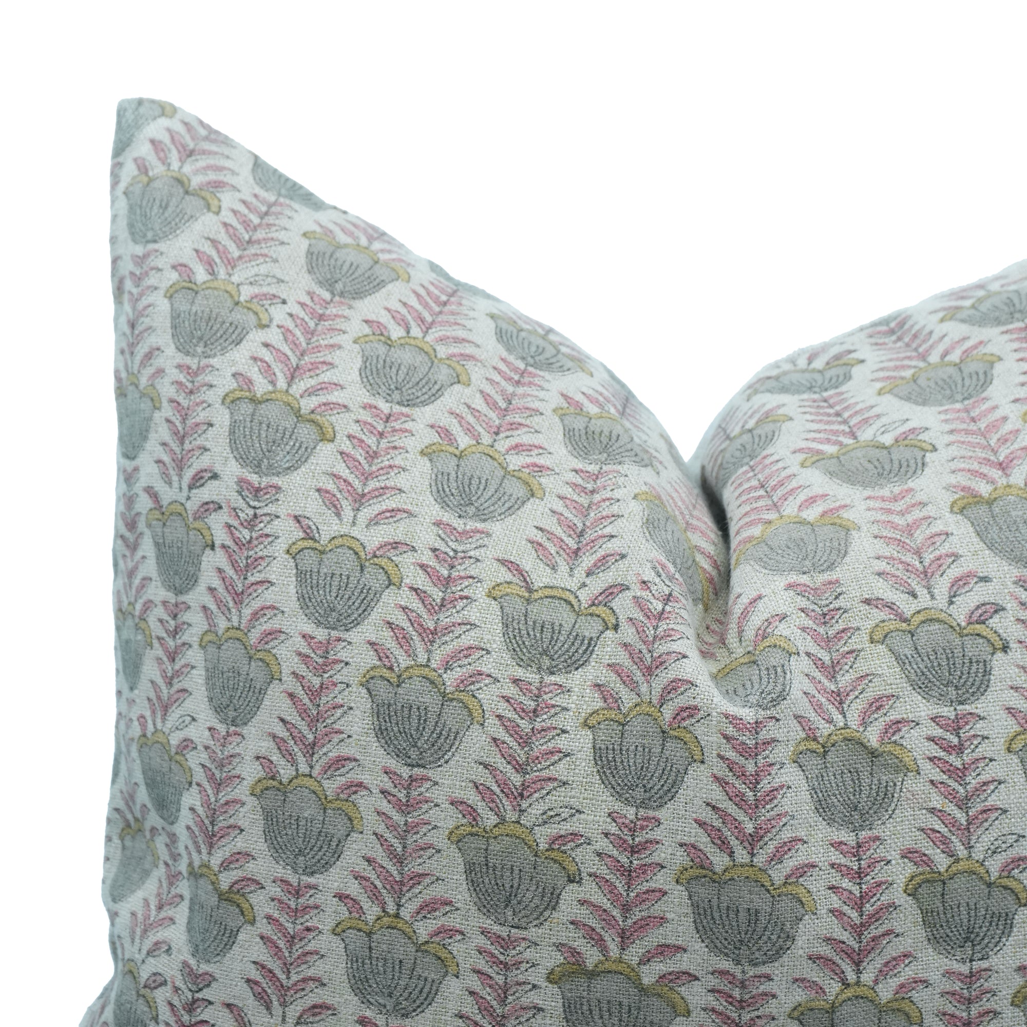 Lotus Handcrafted Thick Linen Cushion Cover Pink and Gray Floral