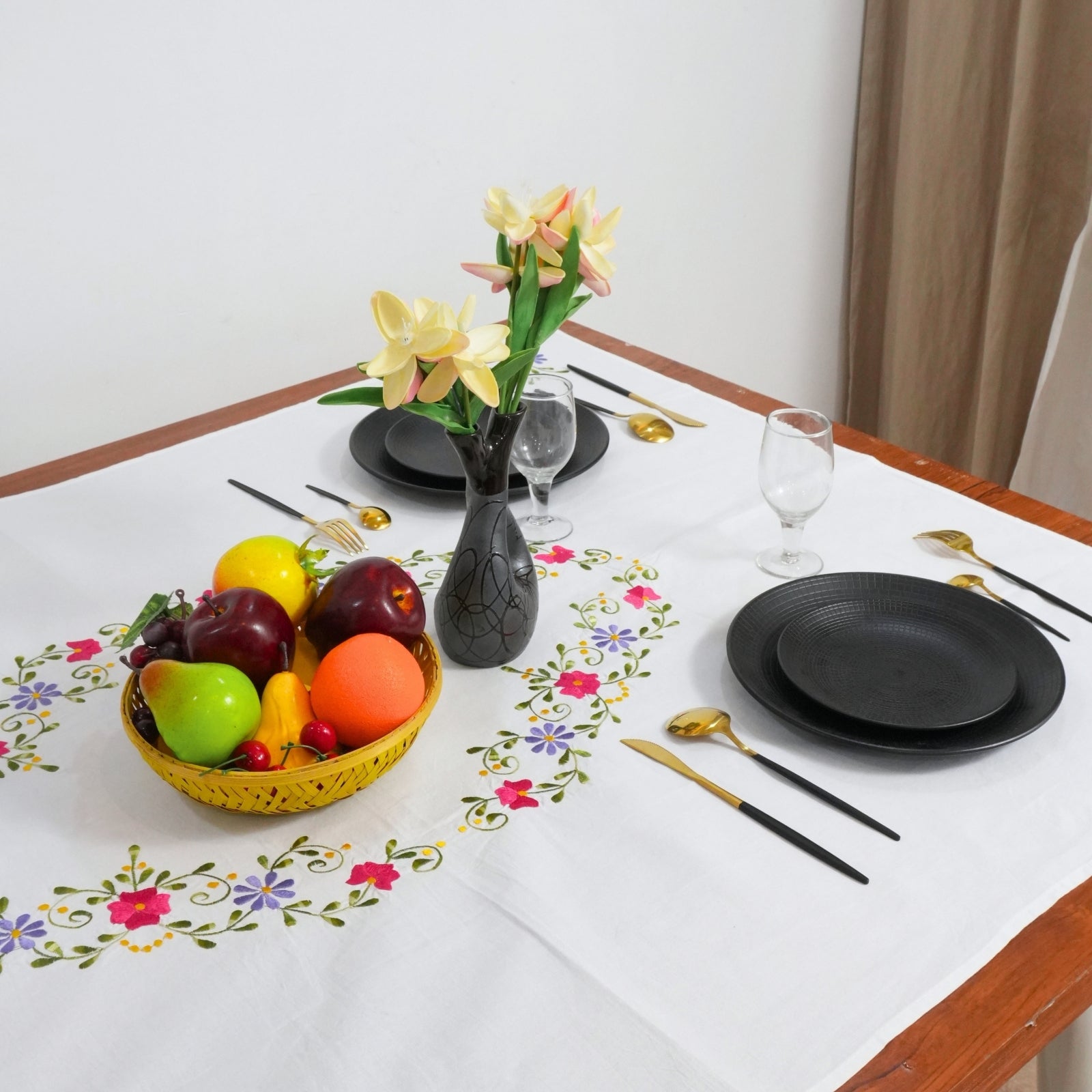 Blue Floral Embroidered 100% Thick Cotton Table Cover