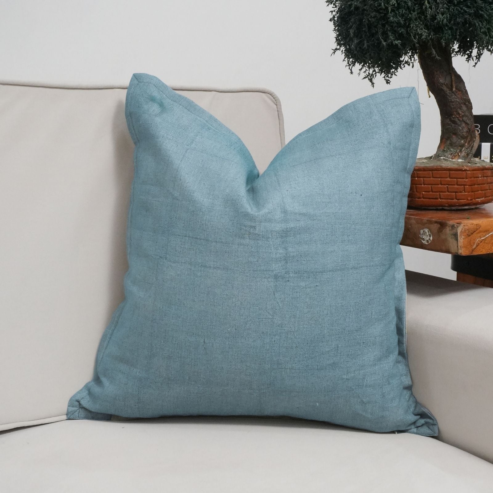 Solid Blue Thick Linen Oxford Throw Pillow Cover