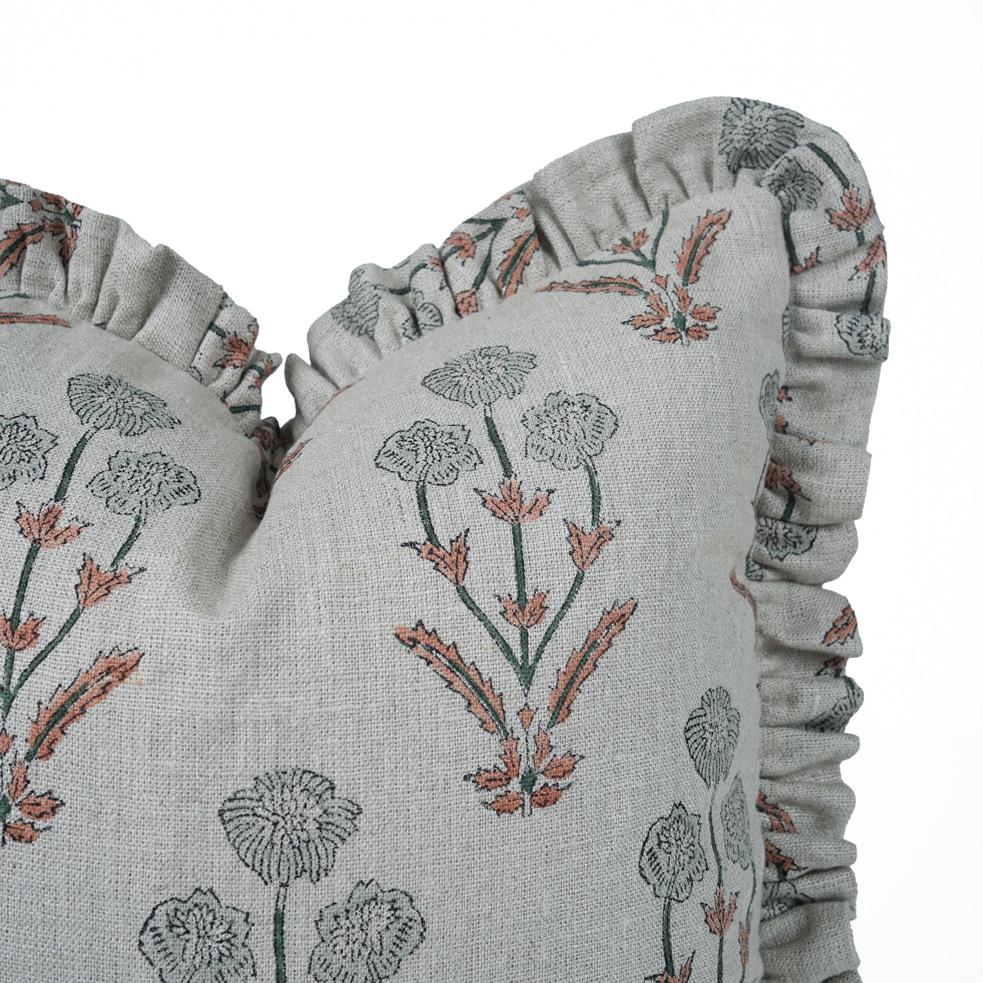 Amitabh Block Print Linen Ruffled Frill Cushion Cover
