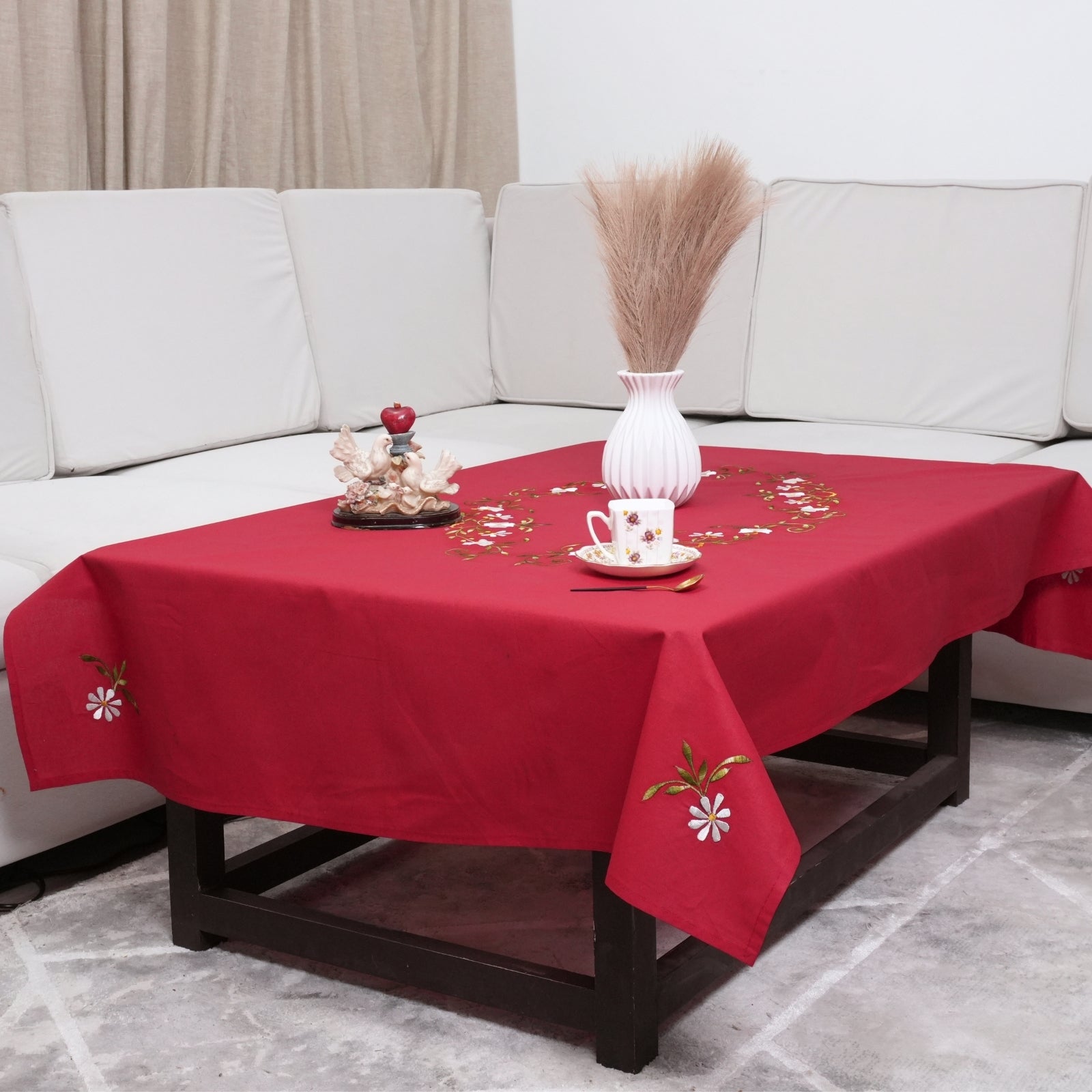 Red Green Floral Embroidered Cotton Table Cover | Dining Decor