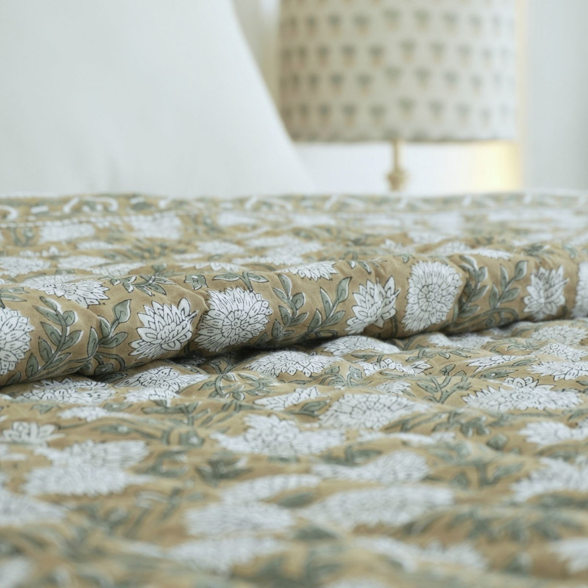 Beige Floral Block Print Cotton Reversible Quilt - Rajat Design
