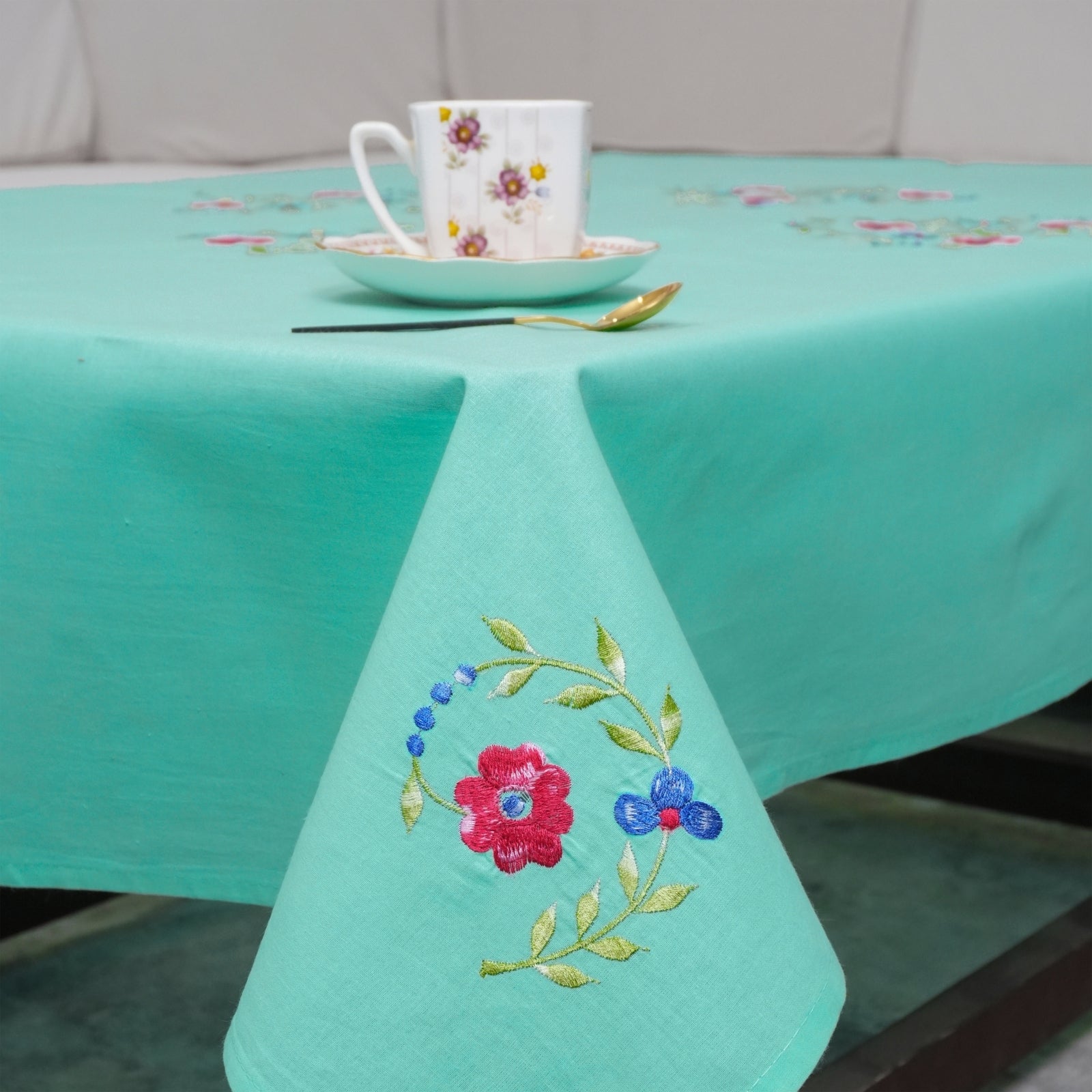 Aqua Green Red Floral Boho Embroidered Cotton Tablecloth | Decor
