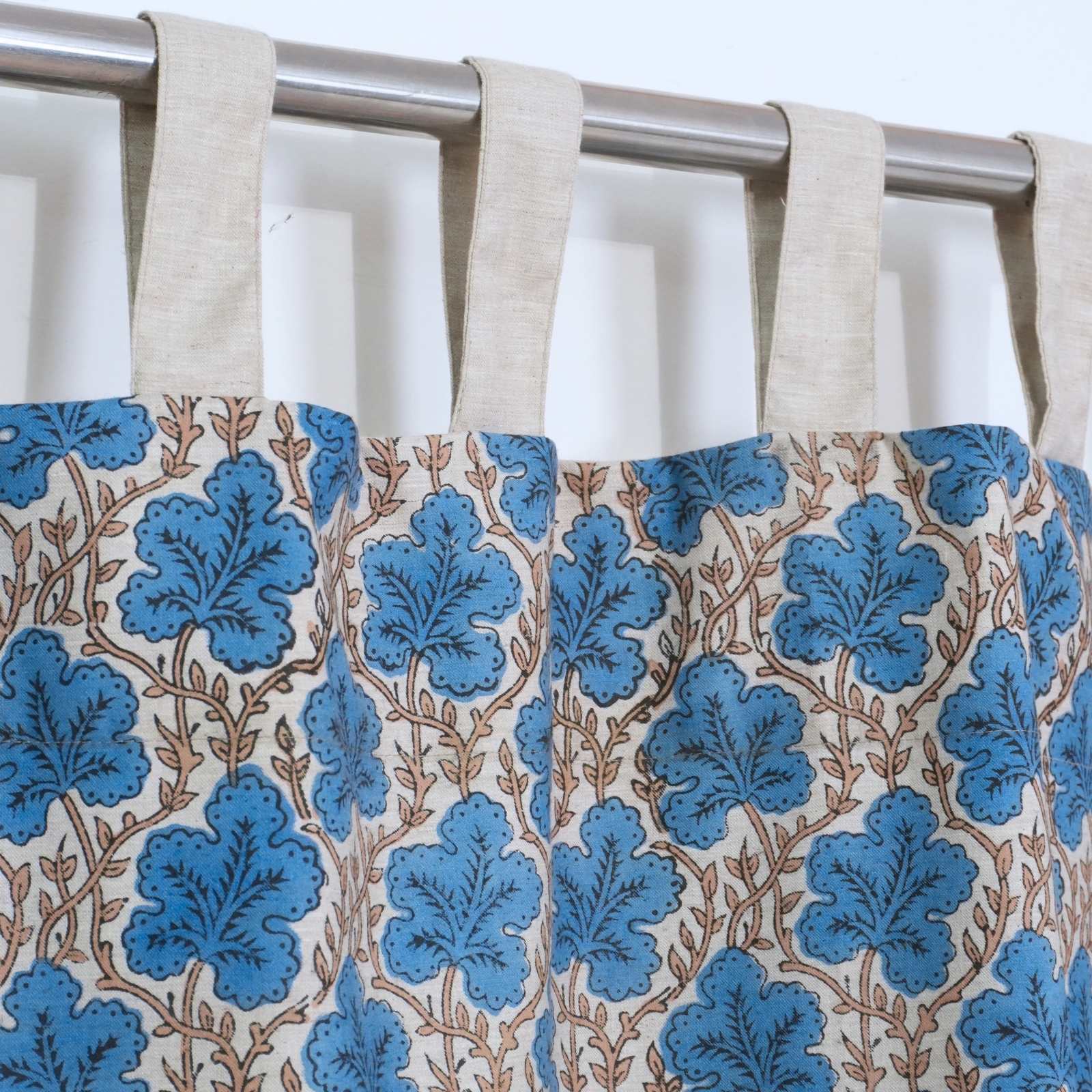 Cornflower Blue Leaf Vine Hand Block Print Linen Tab Top Drapes - Pushpsamhita
