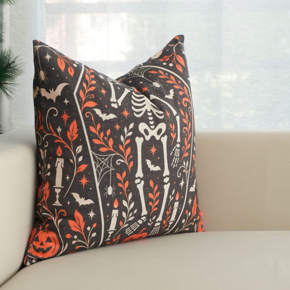 Skeleton Halloween Charcoal Linen Cushion Cover Decor 