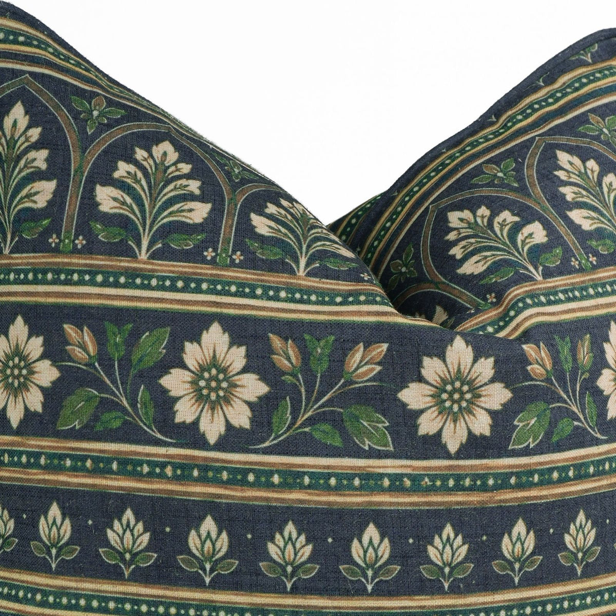 Floral Printed Piping Deep Navy Viscose Linen Cushion Cover