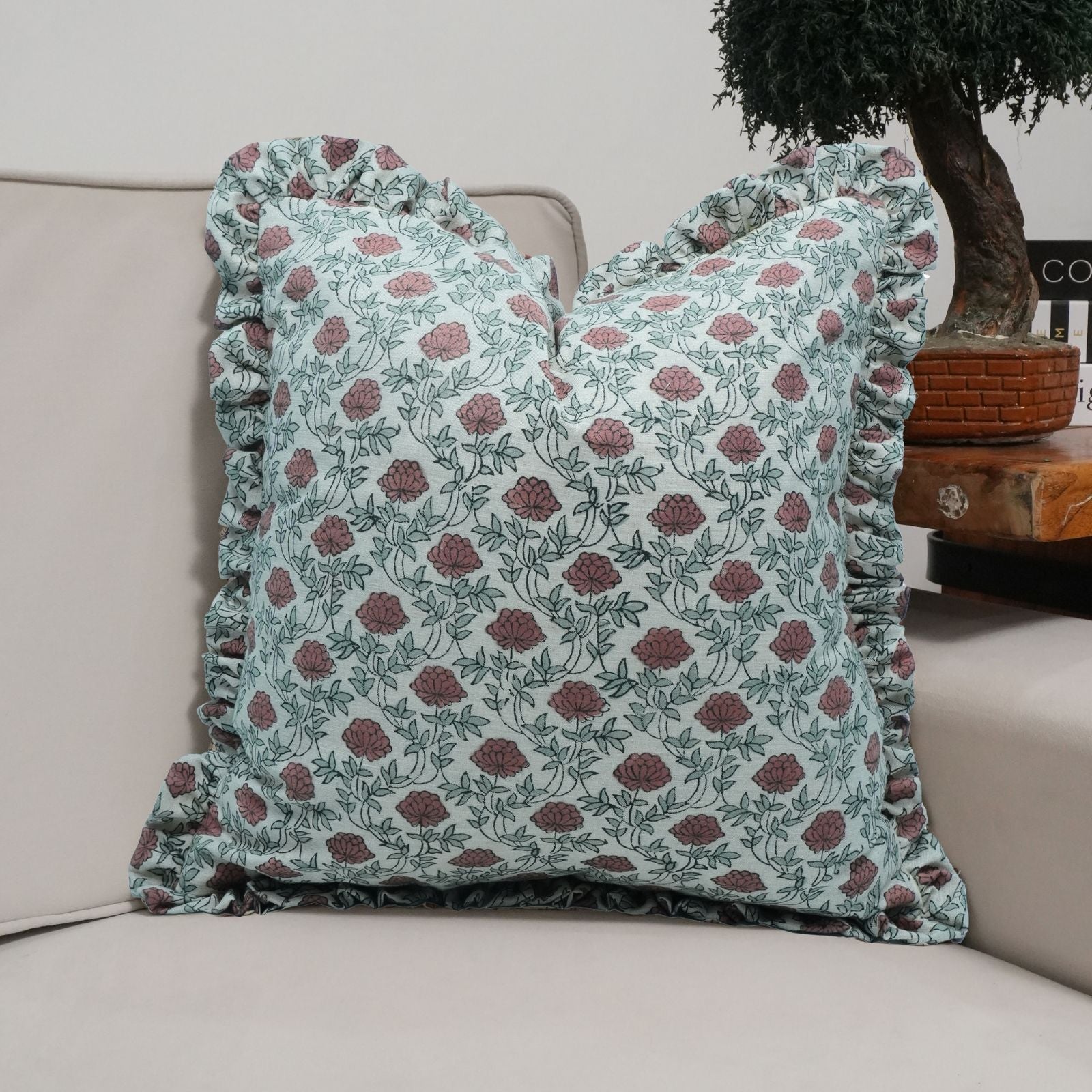 Block Print Red Floral Farmhouse Frill Pillow Cover - Khushbu