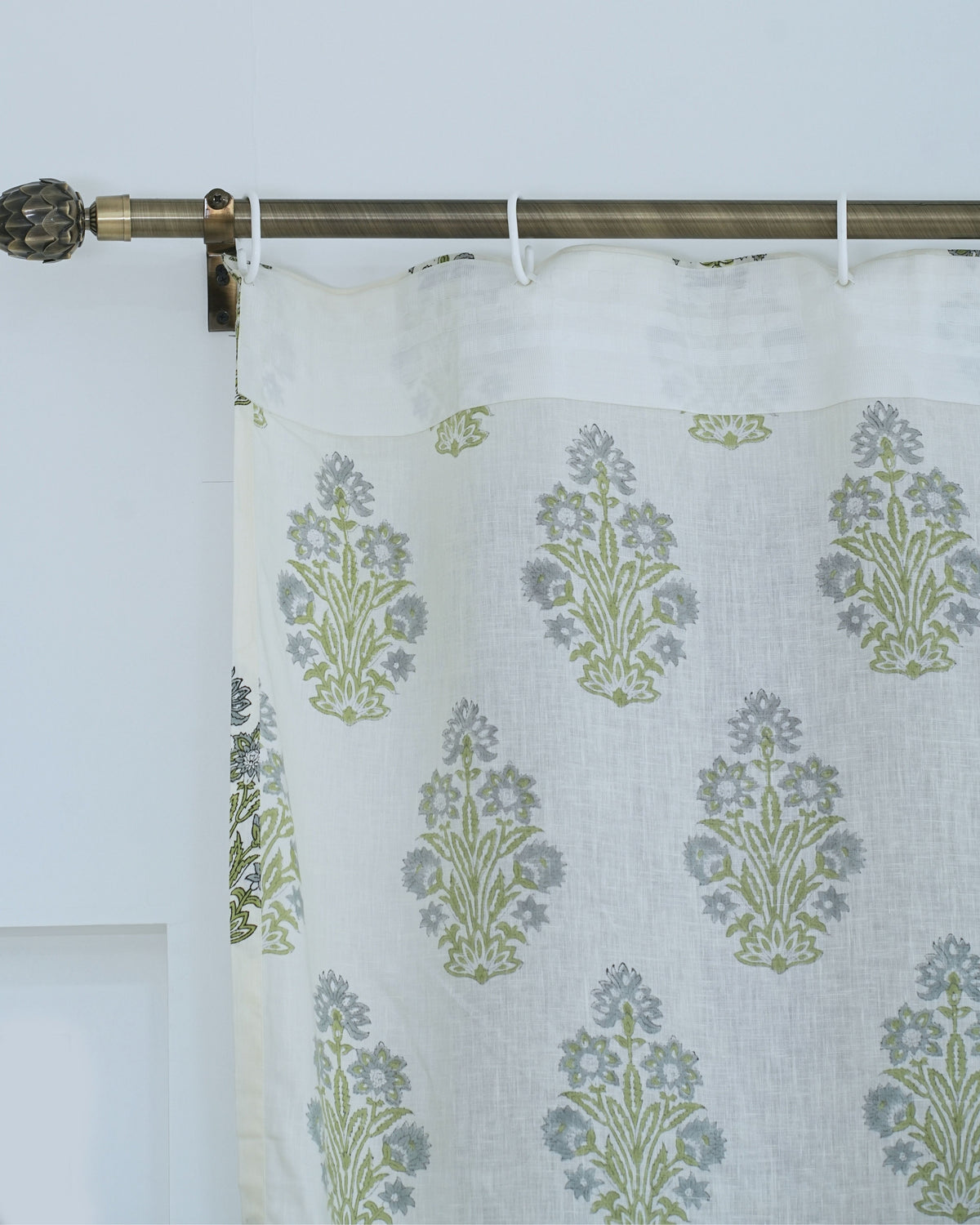 Indian Block Print Ring Curtain in Green & Grey Floral - Morpankh