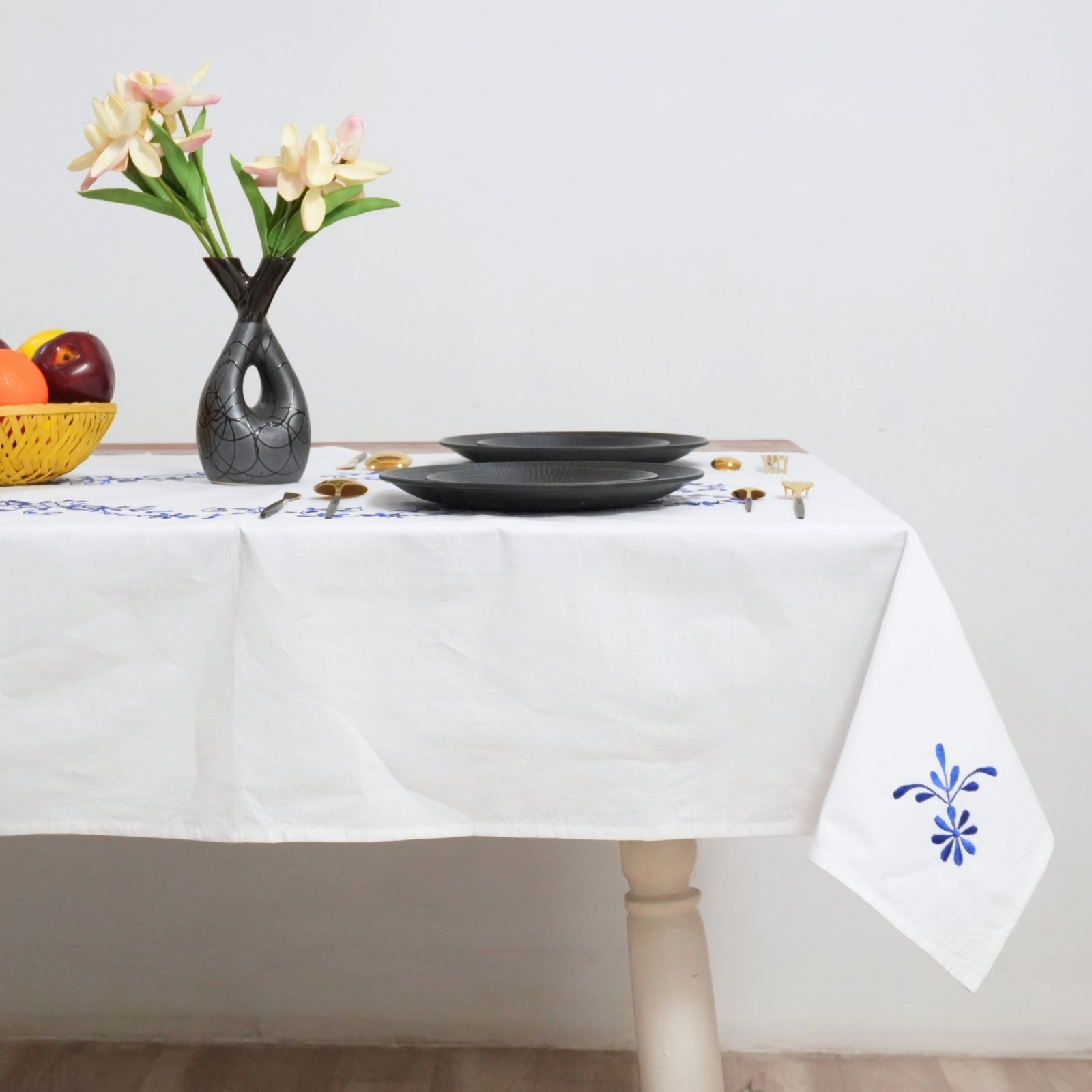Purple Floral Boho Embroidered Cotton Table Cover | Dining Decor
