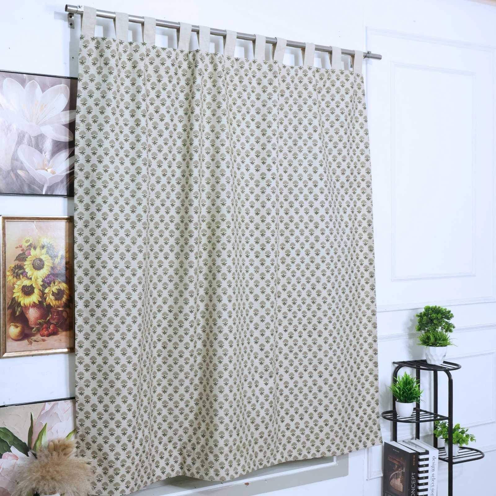 Beige Buti Hand Block Print Linen Tab Top Curtains — Strawberry
