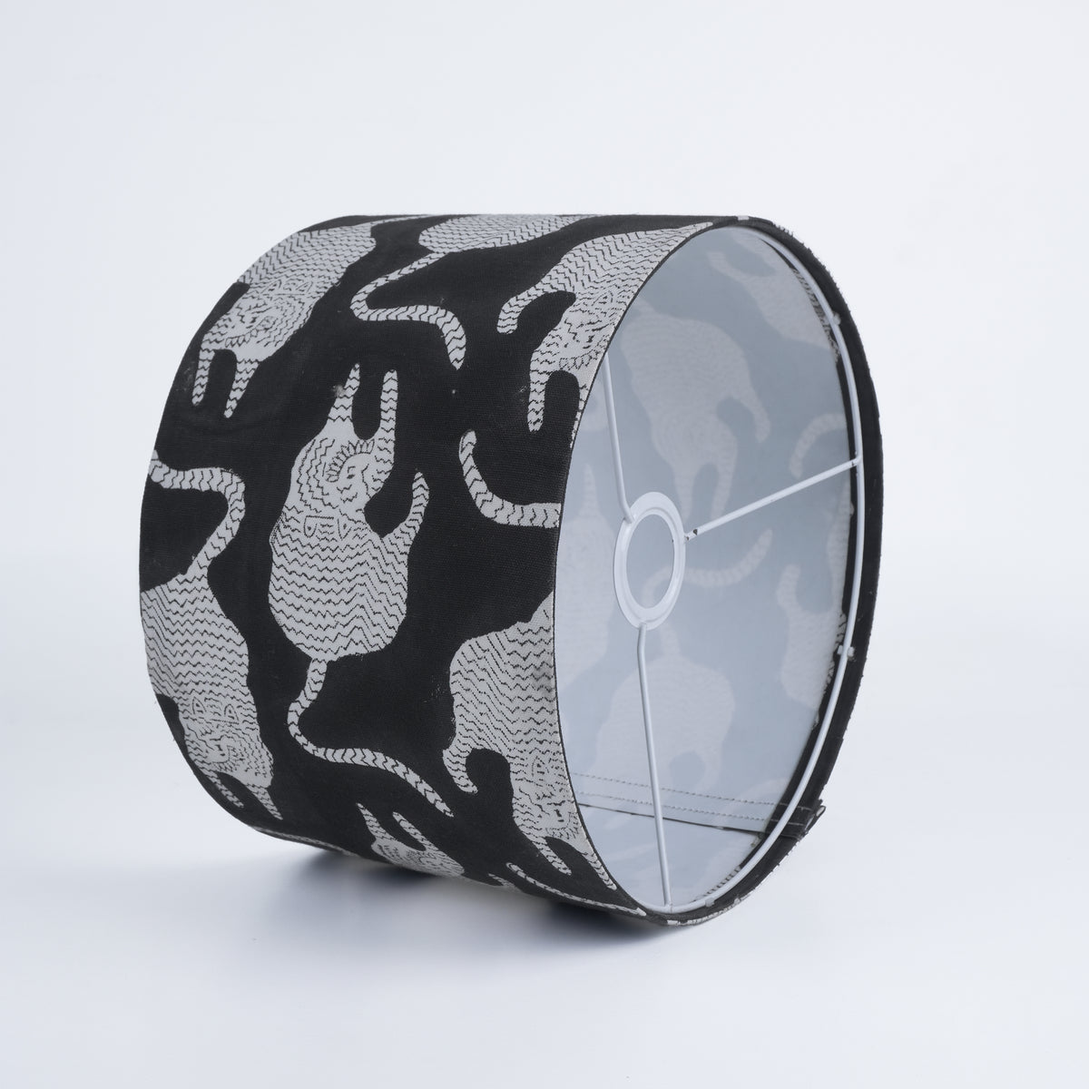 Hand Printed Drum Lampshade in Thick Cotton White - Black Mushak 