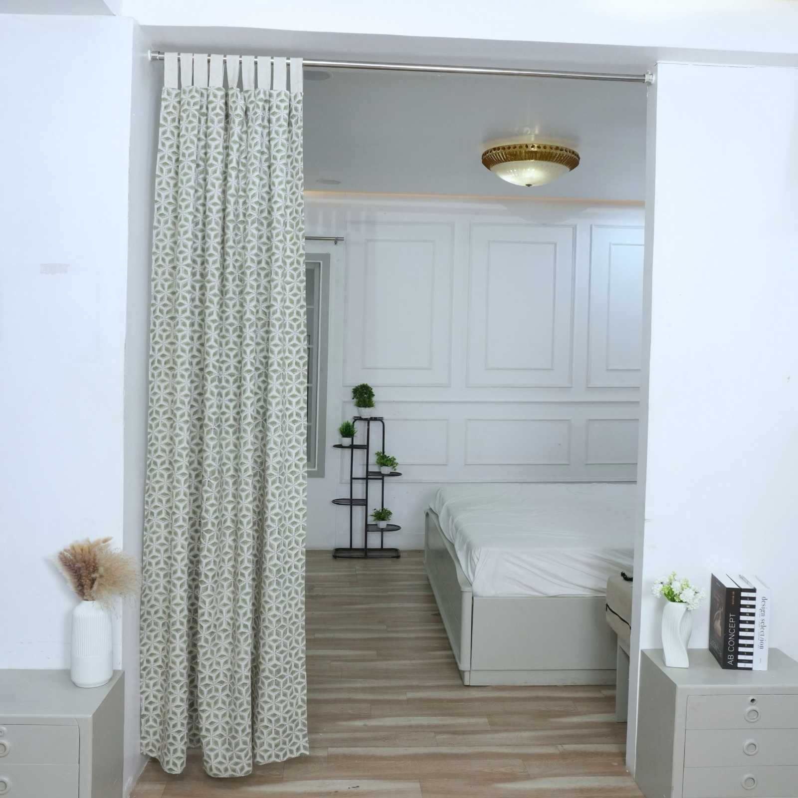 Block Print Tab Top Linen Curtains Shatkon Sage Green