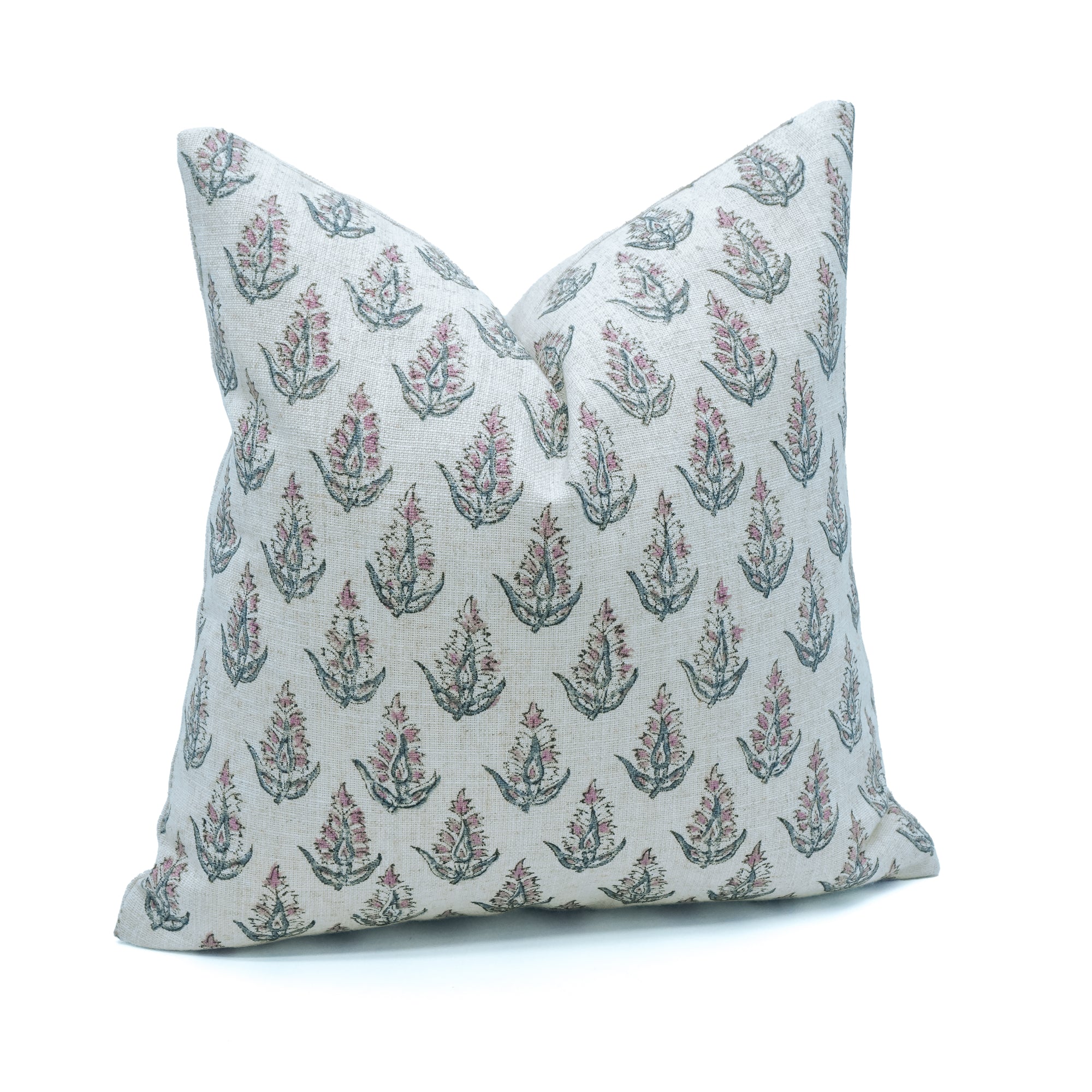 Hand Print Viscose Linen Pink Floral Cushion - Kanak Buti