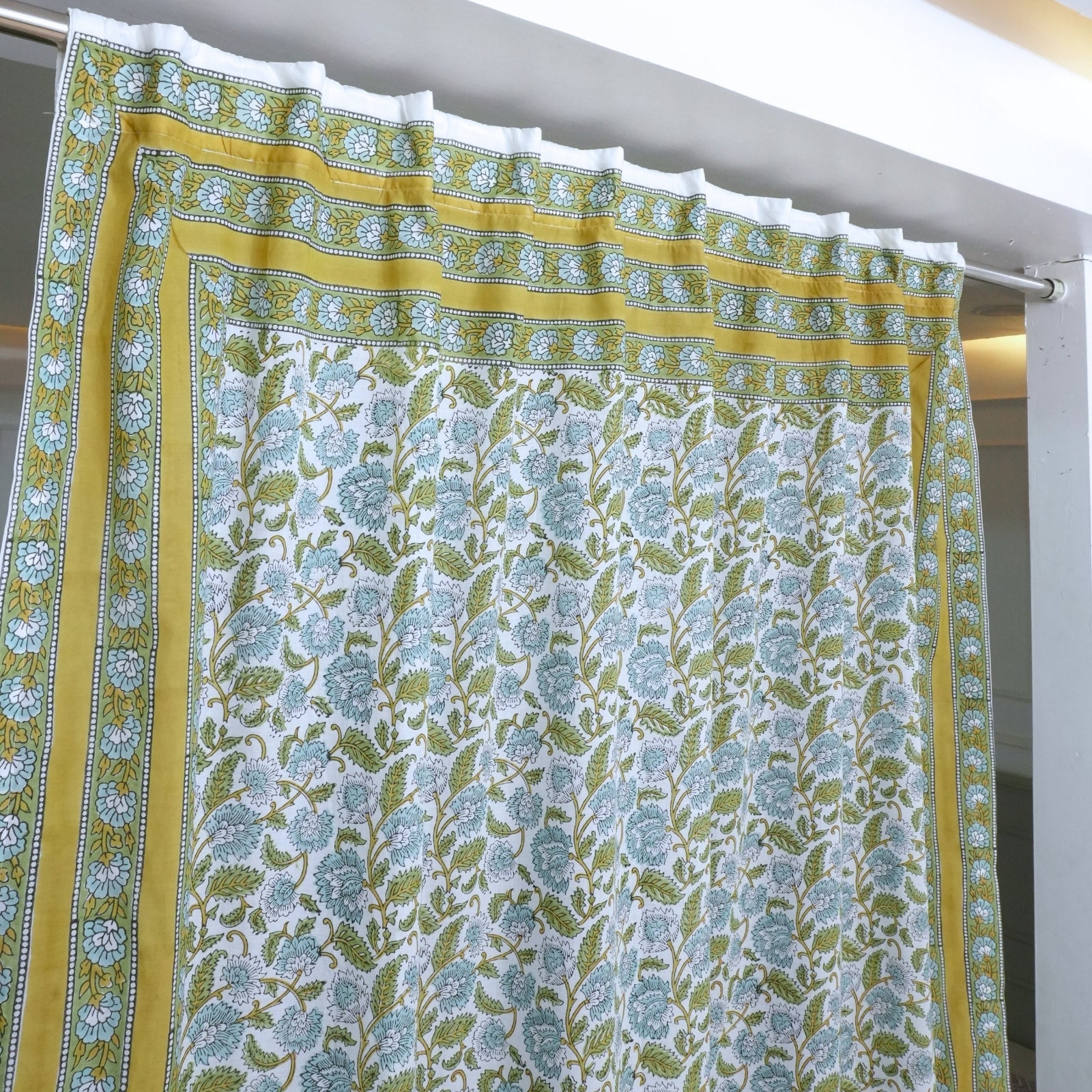 Hand Printed Blue Floral Pure Cotton Boho Curtain - Mandakani