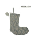 Hand Block Printed Gray Floral Pom Pom Christmas Stocking in Pure Linen Holiday Decor - Neelgagan