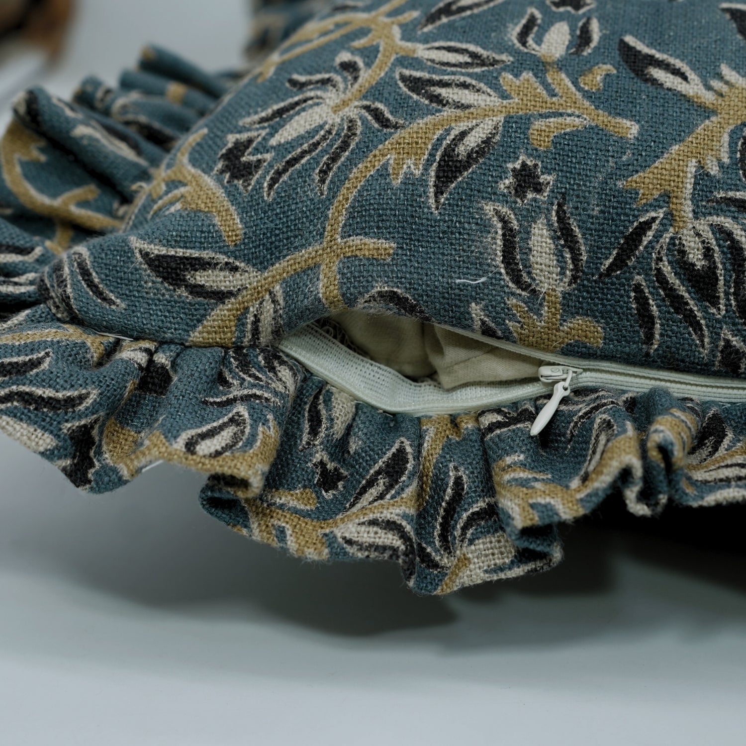 Block Printed Floral Thick Linen Frill Pillow Cover - Kamaldutta