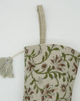 Hand Block Printed Linen Christmas Stockings Black & Brown Floral Design with Pom Pom Holiday Decor