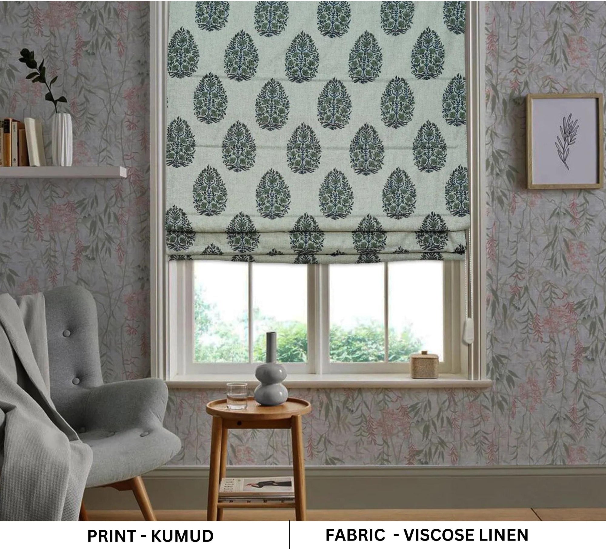 Handmade Boho Gray Floral Roman Shade in Viscose Linen Block Printed Farmhouse - Kumud