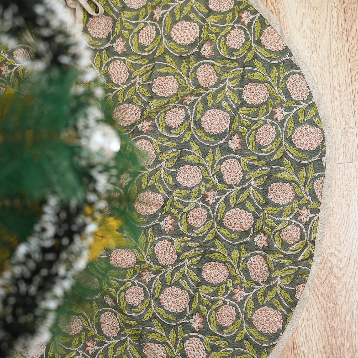 Indian Handcrafted Block Print Pure Linen Meraki Green, Red & Gray Mini Floral Boho Christmas Tree Skirts