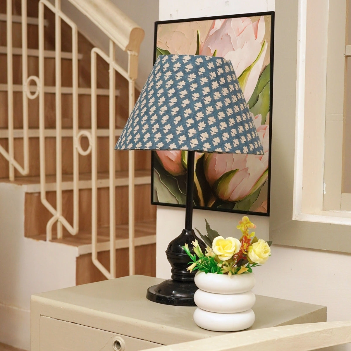 Pinkcity Blue Floral Block Printed Pure Linen Detachable Lampshades