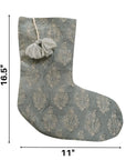 Hand Block Printed Gray Floral Pom Pom Christmas Stocking in Pure Linen Holiday Decor - Neelgagan